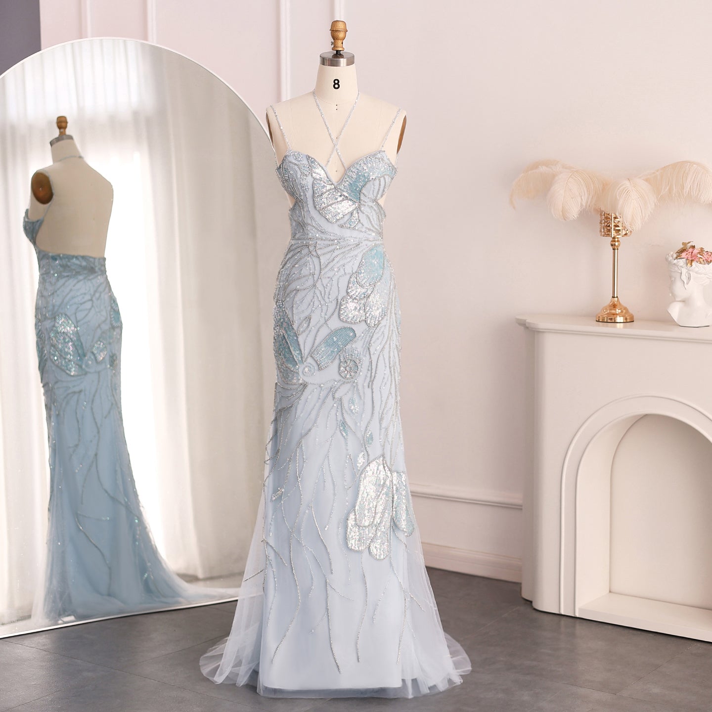 Luxury Pink Evening Dress with Feathers Scarf SS478  Blue with feathers / US 16