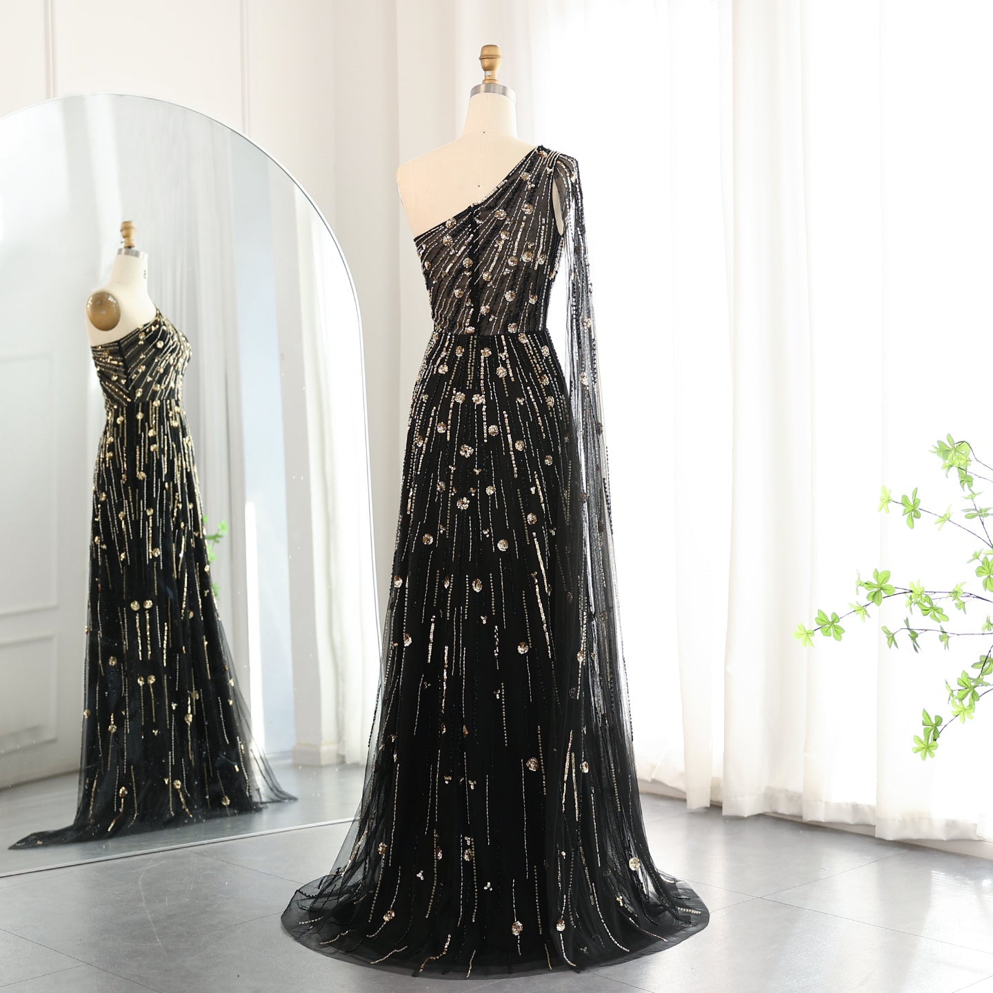Luxury Beaded Black One Shoulder Evening Dress SS182
