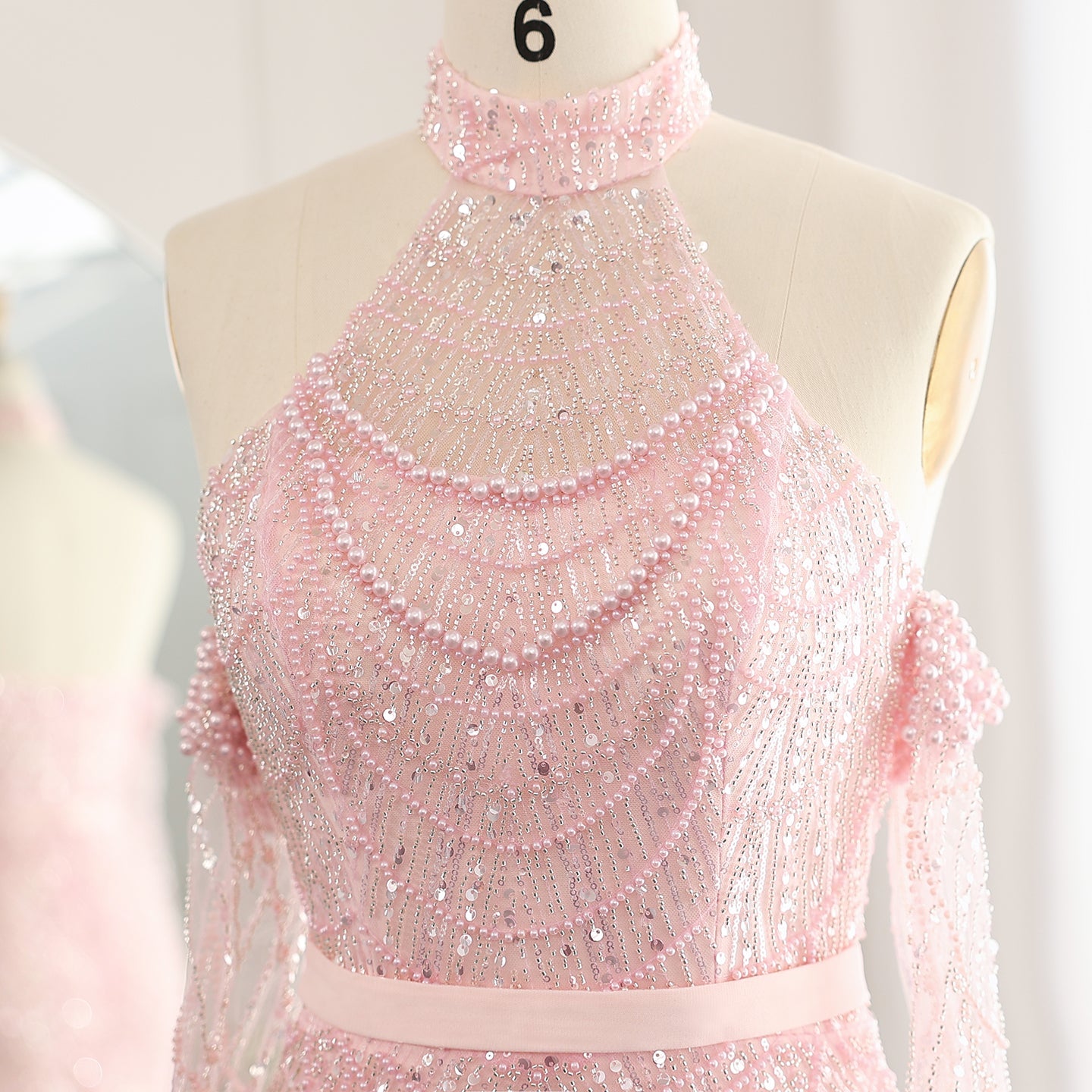 Luxury Nude Halter Mermaid Evening Dress with Gloves SS689