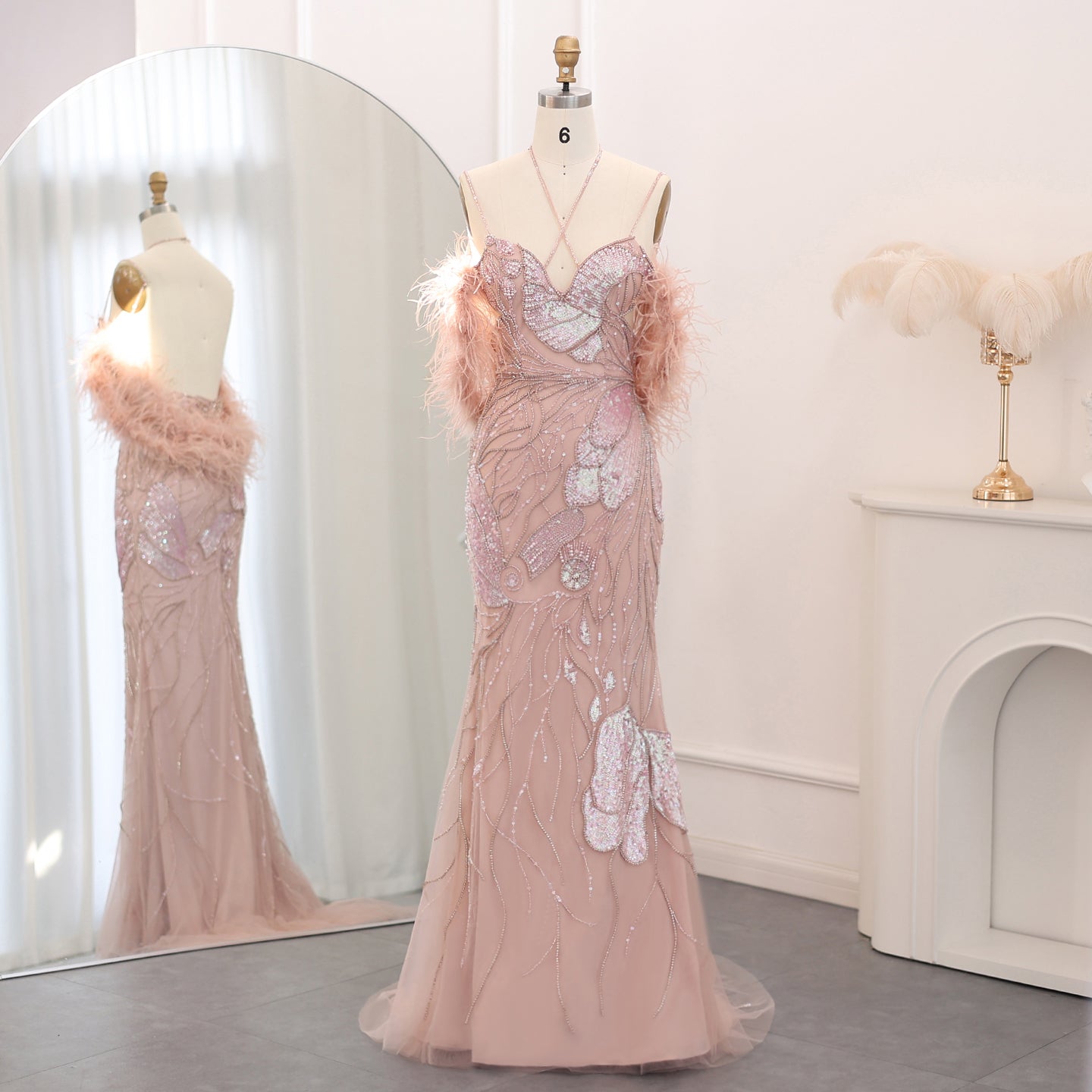 Luxury Pink Evening Dress with Feathers Scarf SS478  Pink with feathers / US 16