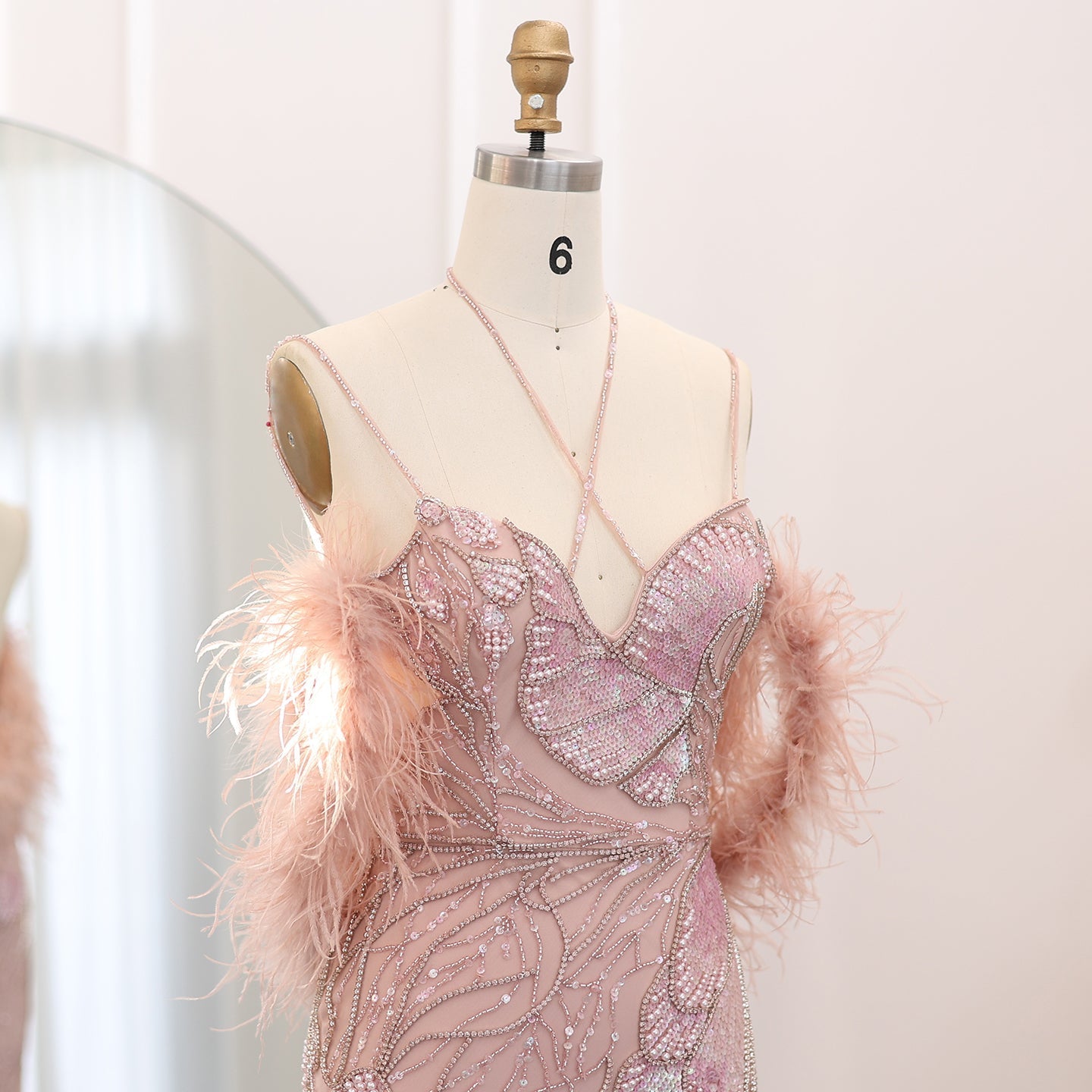 Luxury Pink Evening Dress with Feathers Scarf SS478