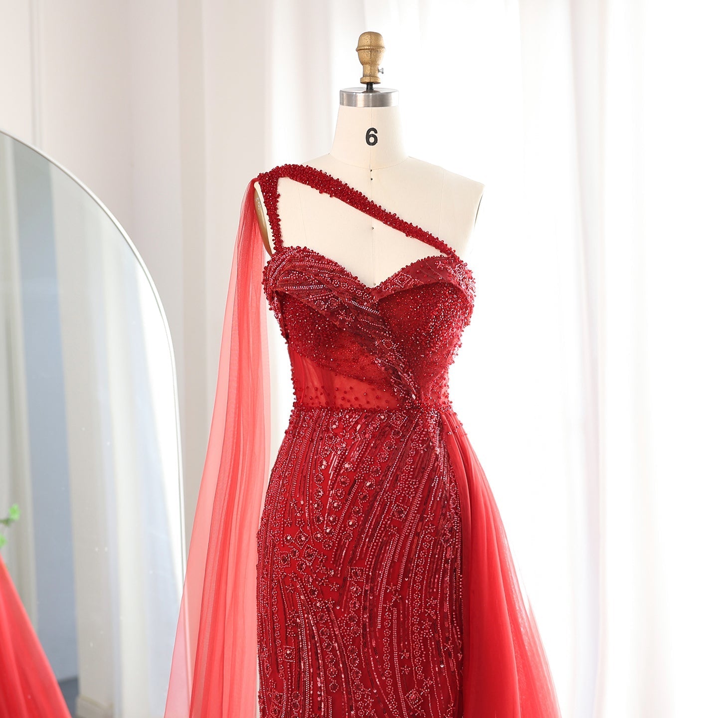 Burgundy One Shoulder Mermaid Evening Dress with Cape Overskirt SS129