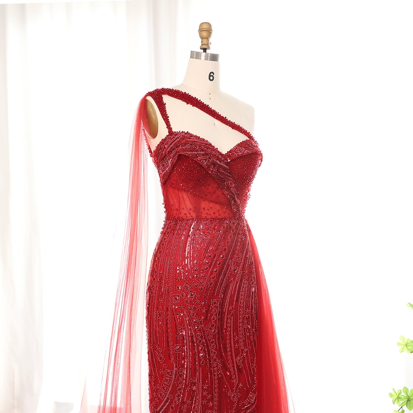Burgundy One Shoulder Mermaid Evening Dress with Cape Overskirt SS129