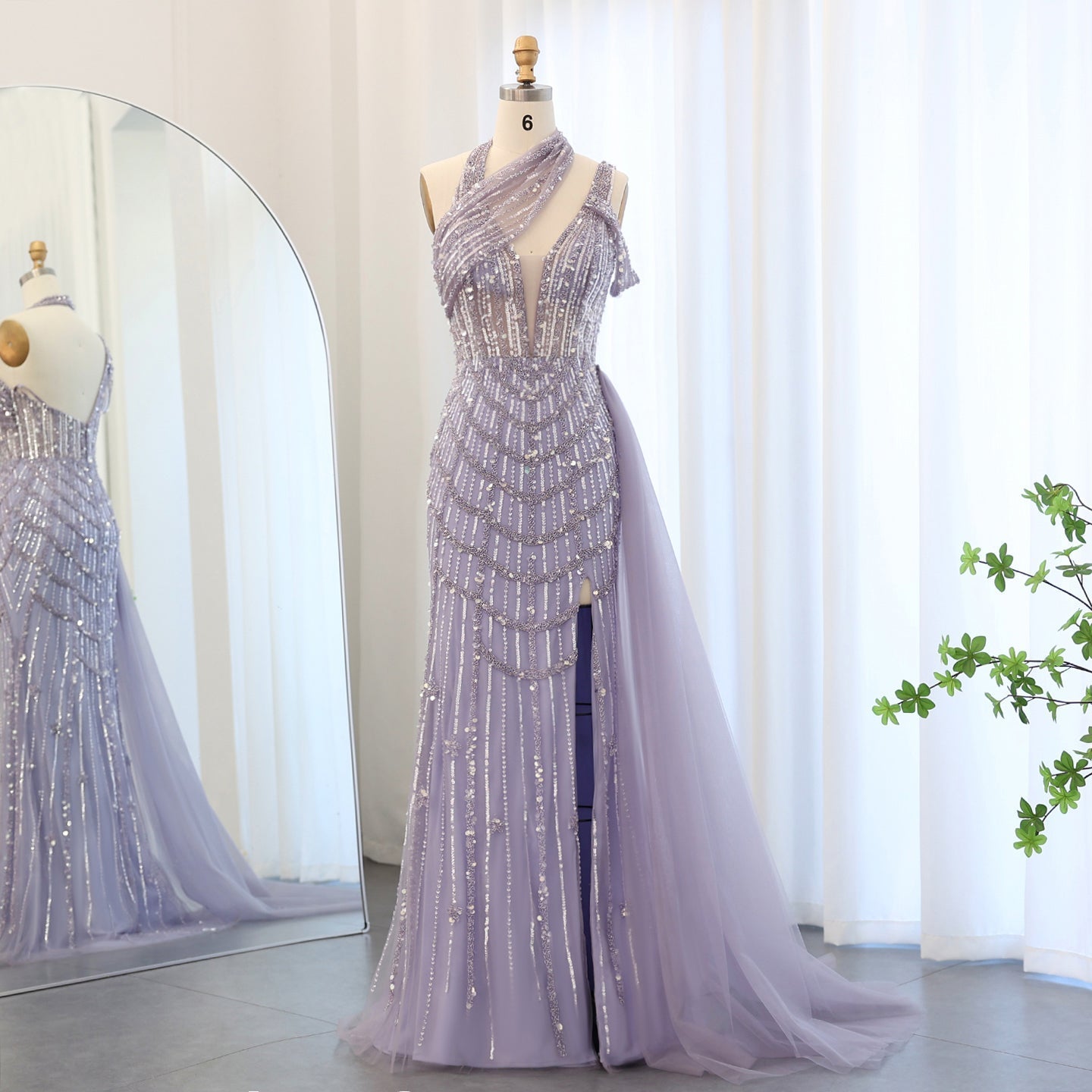 Luxury Beaded Lilac Halter Evening Dress with Overskirt SS180  Lilac / US 20