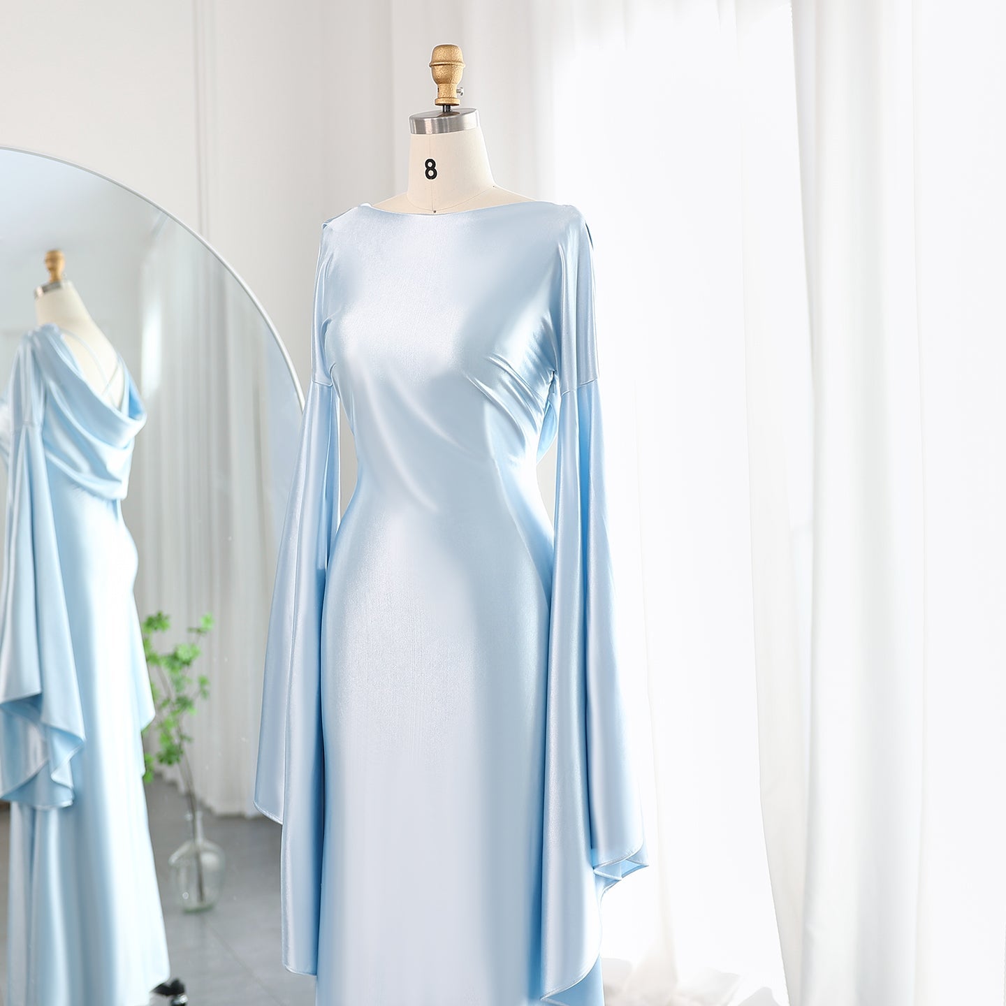 Light Blue Mermaid Evening Dress with Flare Long Sleeves SF027