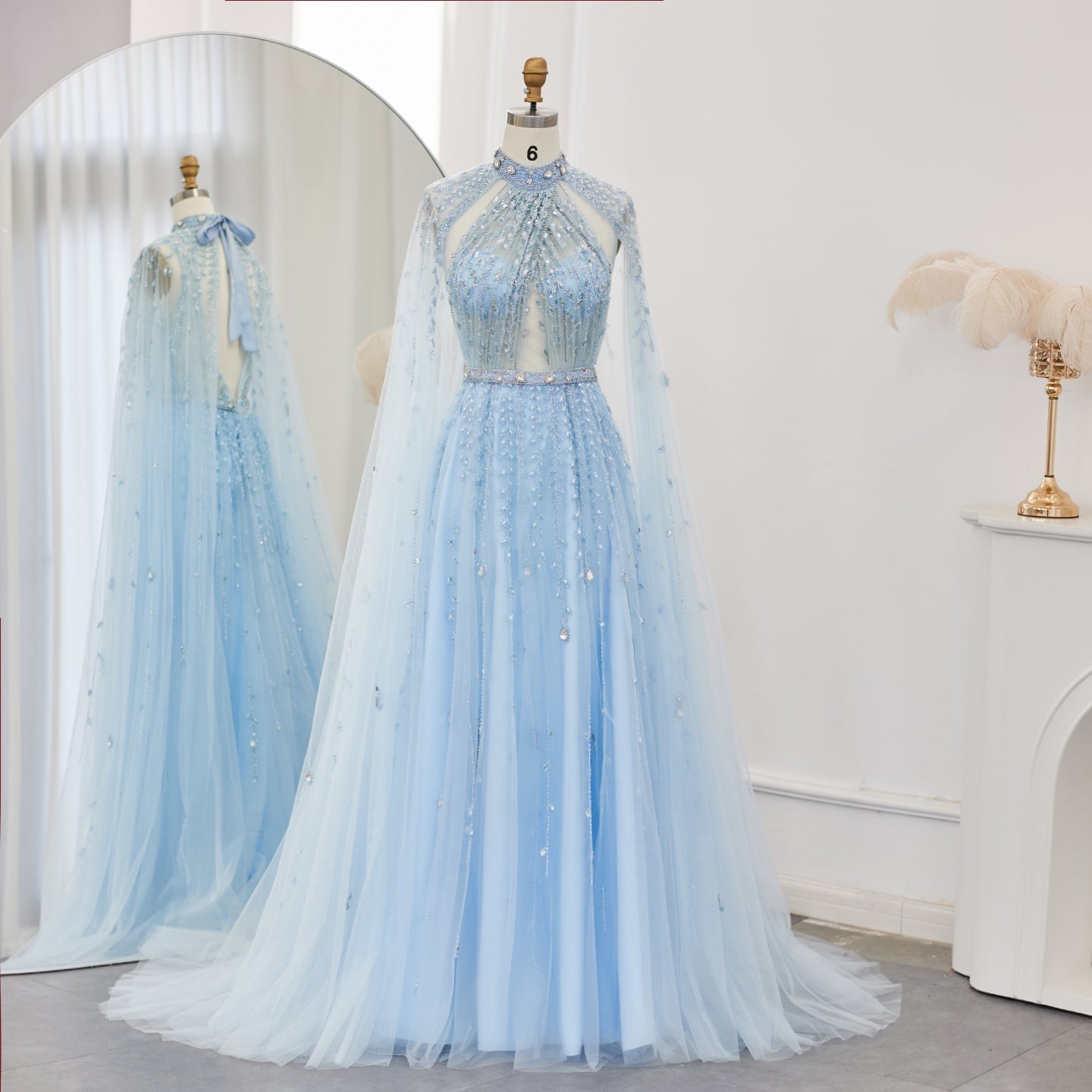 Luxury Beaded Evening Dress with Cape Sleeve SS495  Light Blue / US 16