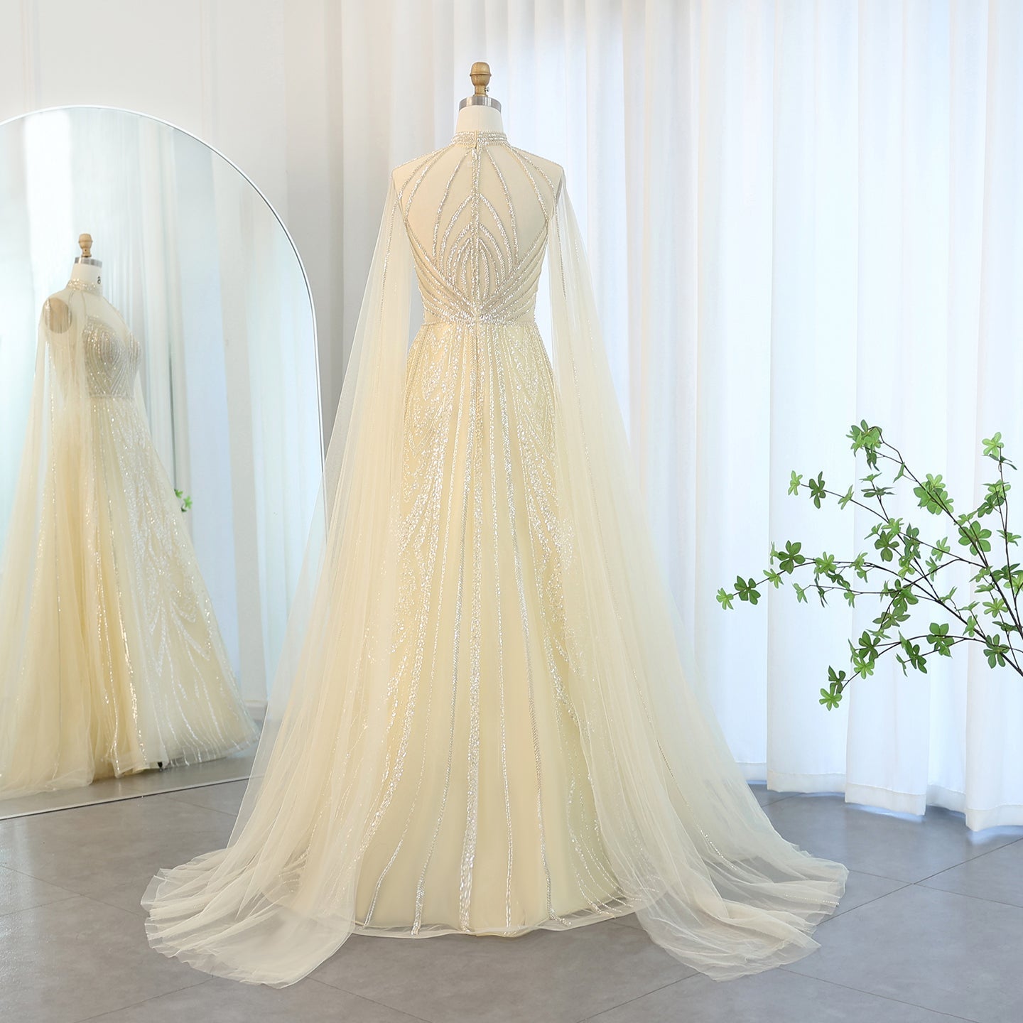 Luxury Pink A-line Evening Dress with Cape Sleeves SS090