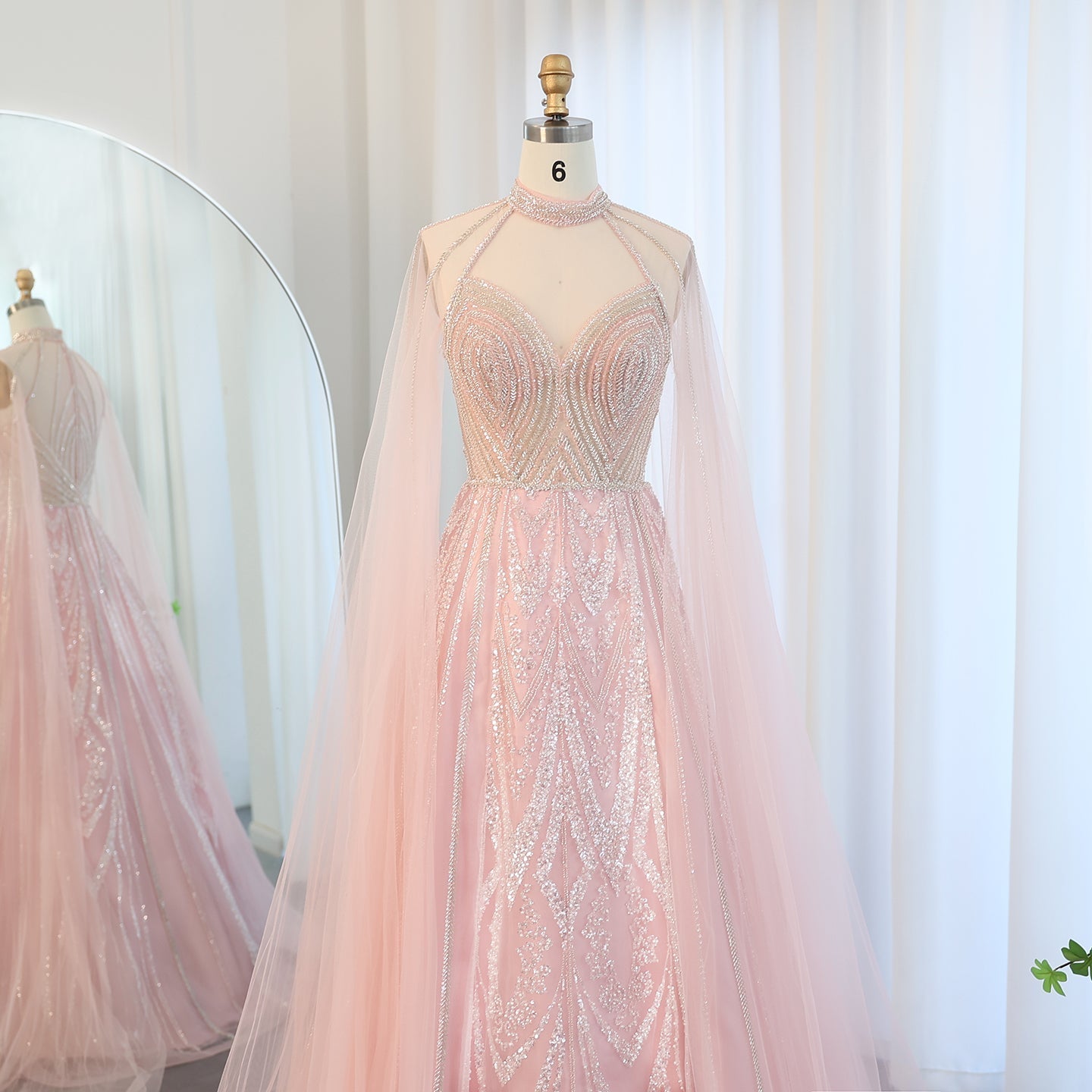 Luxury Pink A-line Evening Dress with Cape Sleeves SS090