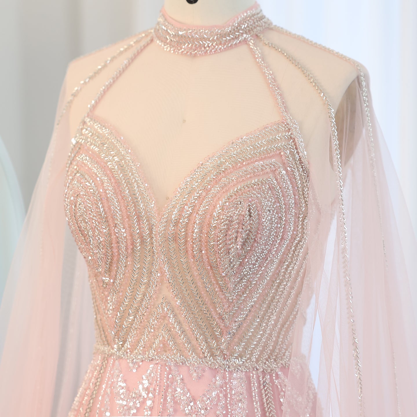 Luxury Pink A-line Evening Dress with Cape Sleeves SS090