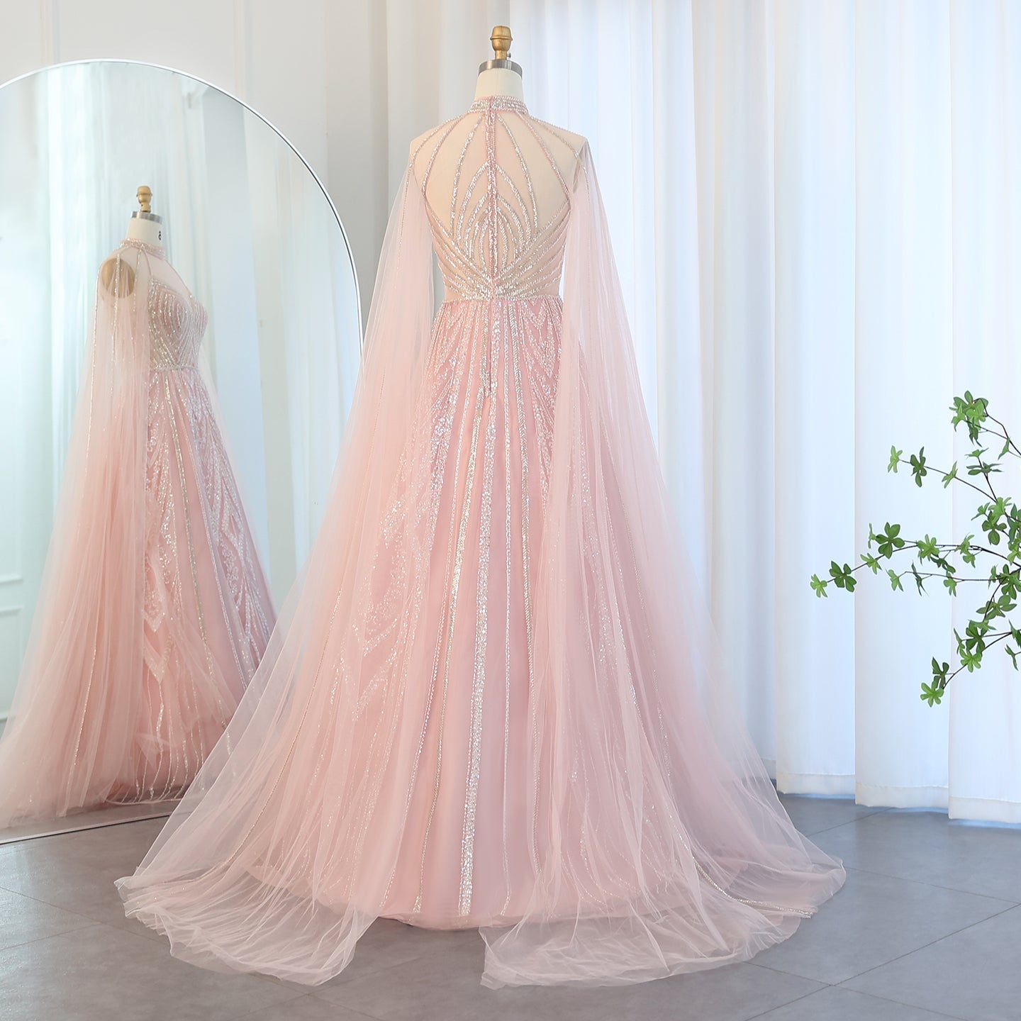 Luxury Pink A-line Evening Dress with Cape Sleeves SS090