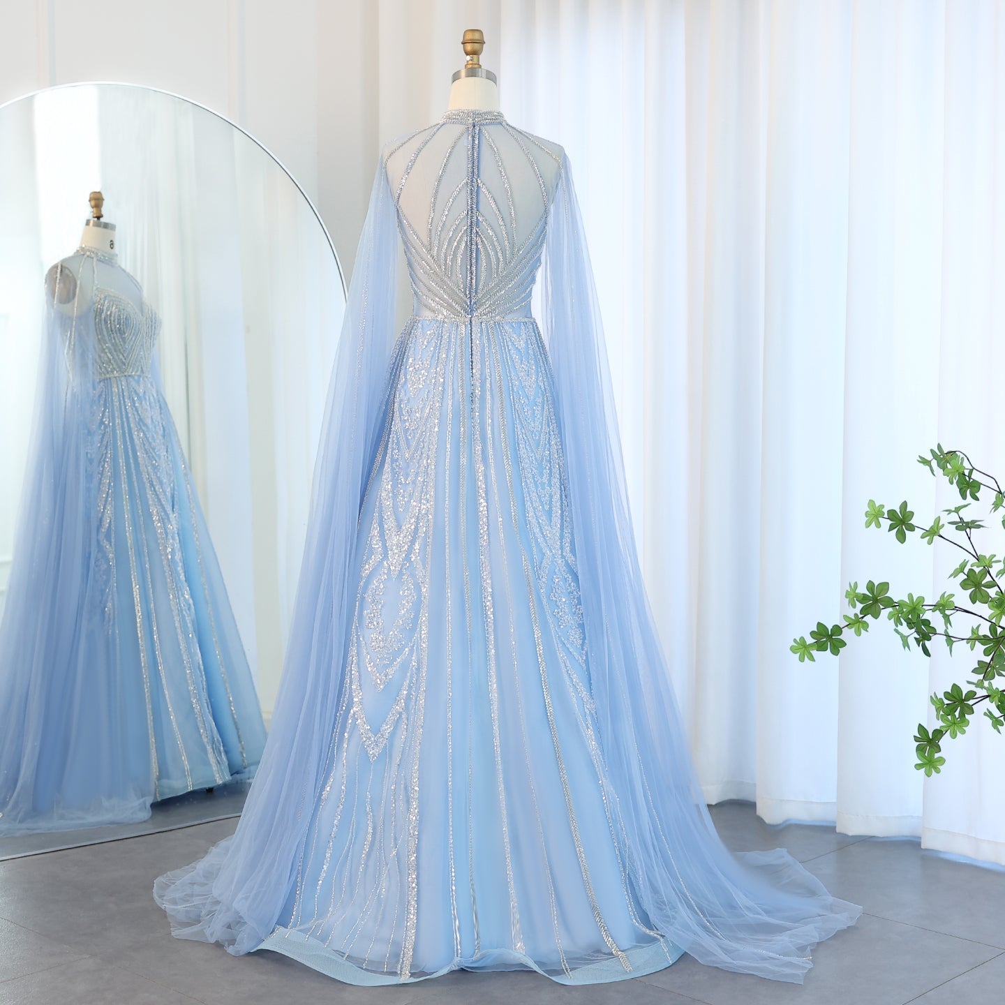 Luxury Pink A-line Evening Dress with Cape Sleeves SS090