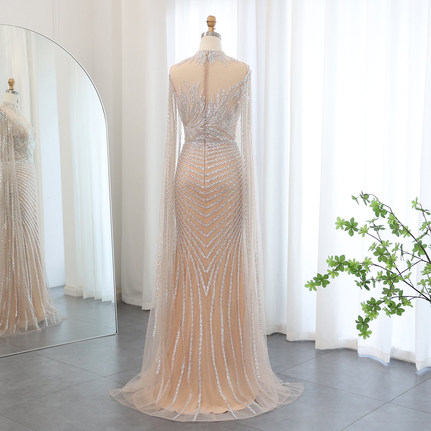 Luxury Caramel Evening Dress with Cape Sleeves SS179