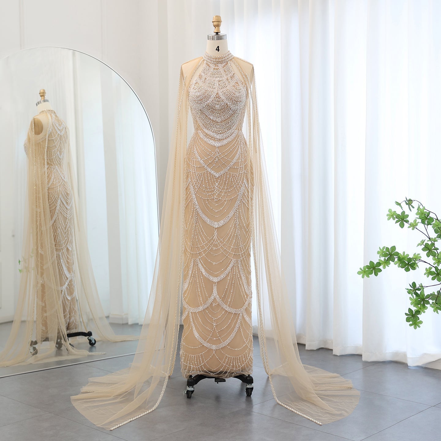 Luxury Black Evening Dress with Cape Sleeves SS209  Nude / US 20