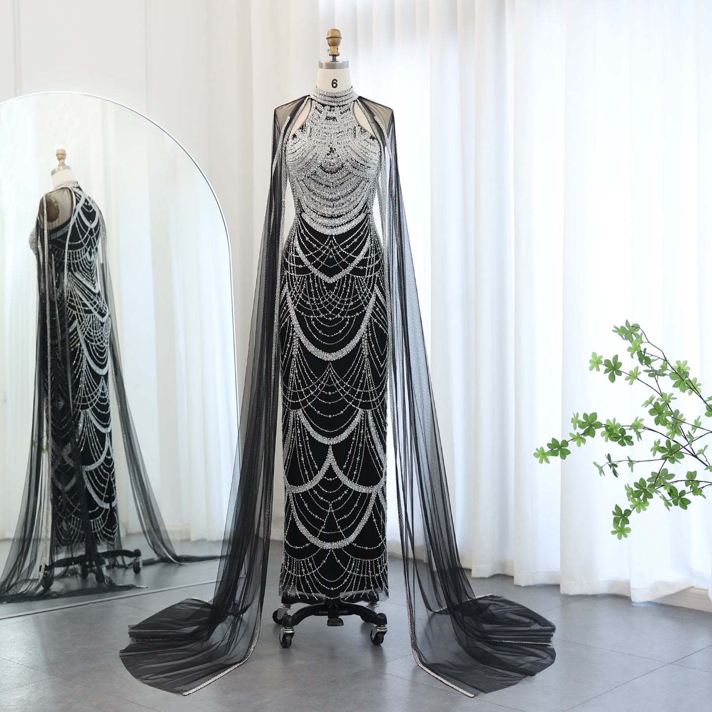 Luxury Black Evening Dress with Cape Sleeves SS209  Black / US 20