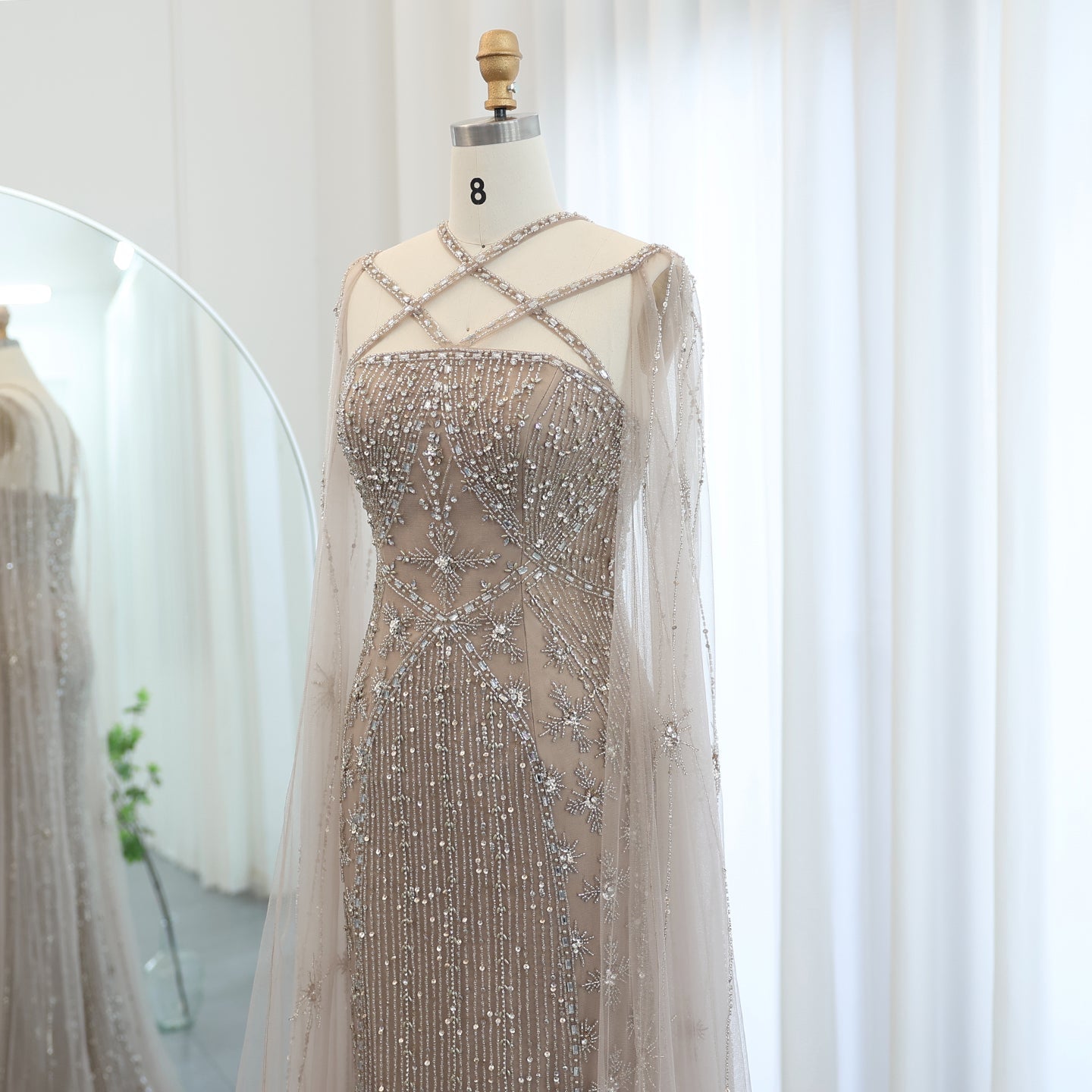 Luxury Aqua Crisscross Evening Dress with Cape Sleeves SS391