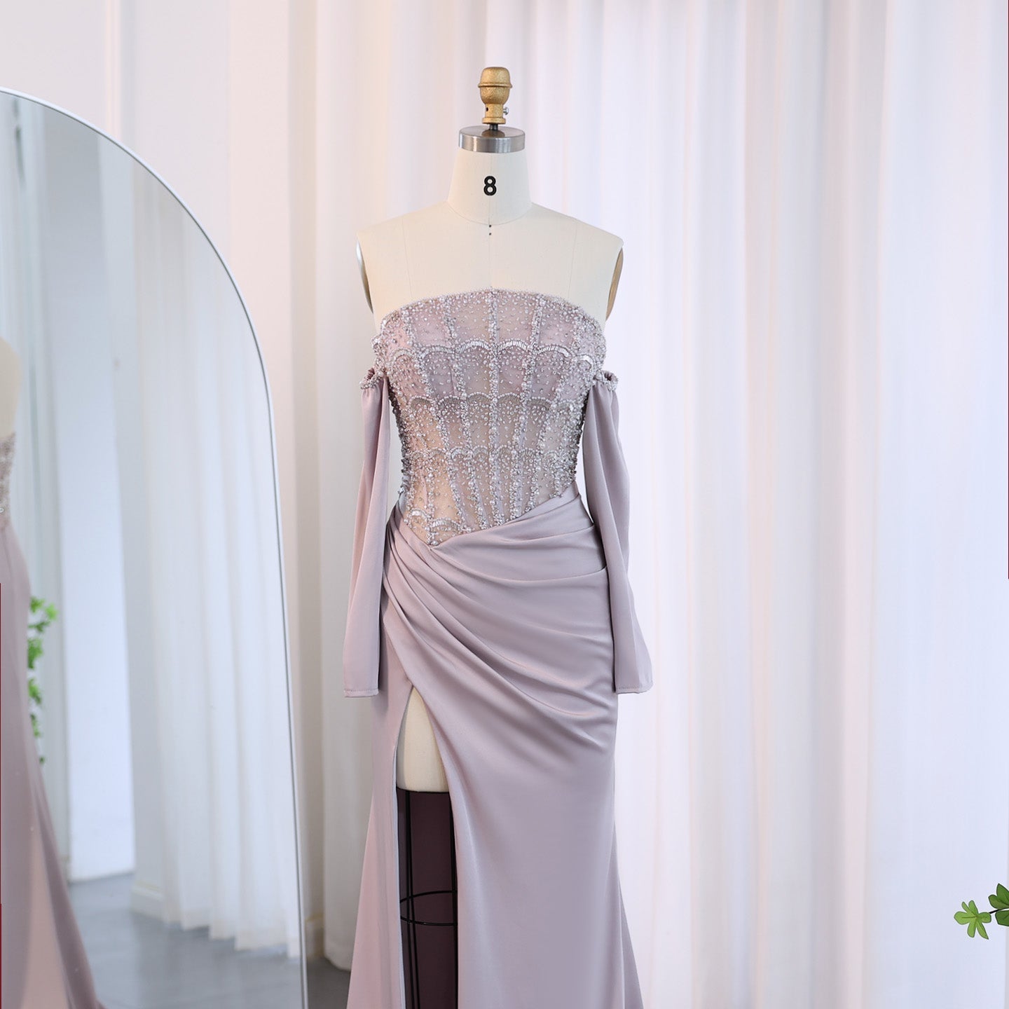 Luxury White Scalloped Evening Dress with High Slit SS416