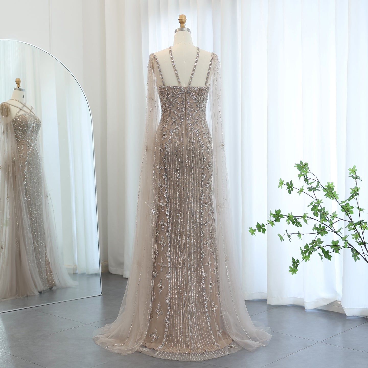 Luxury Aqua Crisscross Evening Dress with Cape Sleeves SS391