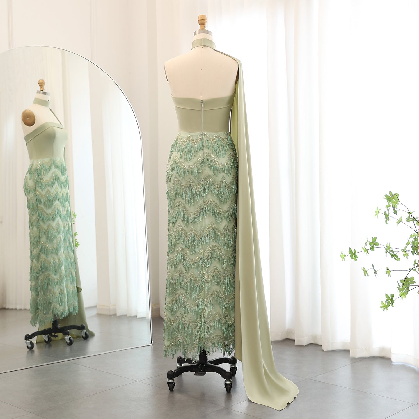 Blue Tassel Strapless Evening Dress with Cape Sleeve SS143