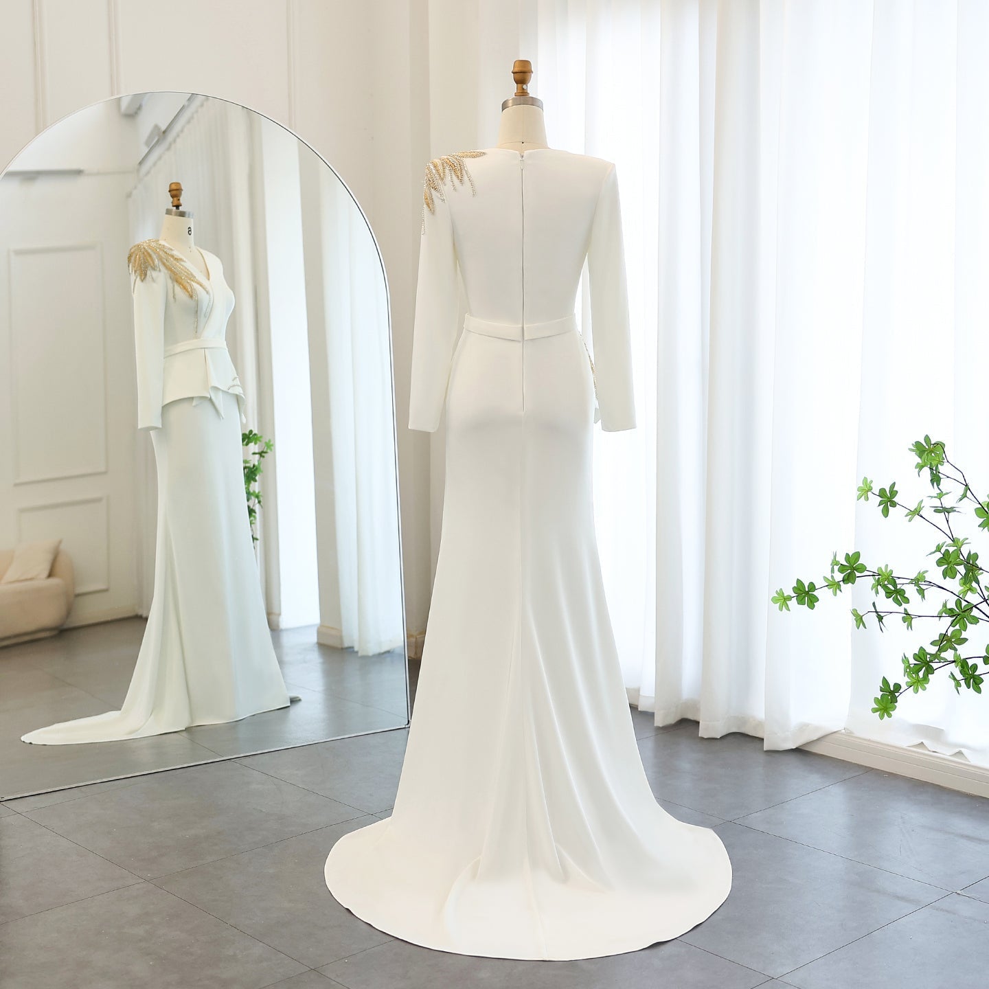 Elegant White Mermaid Evening Dress with Long Sleeves SF295