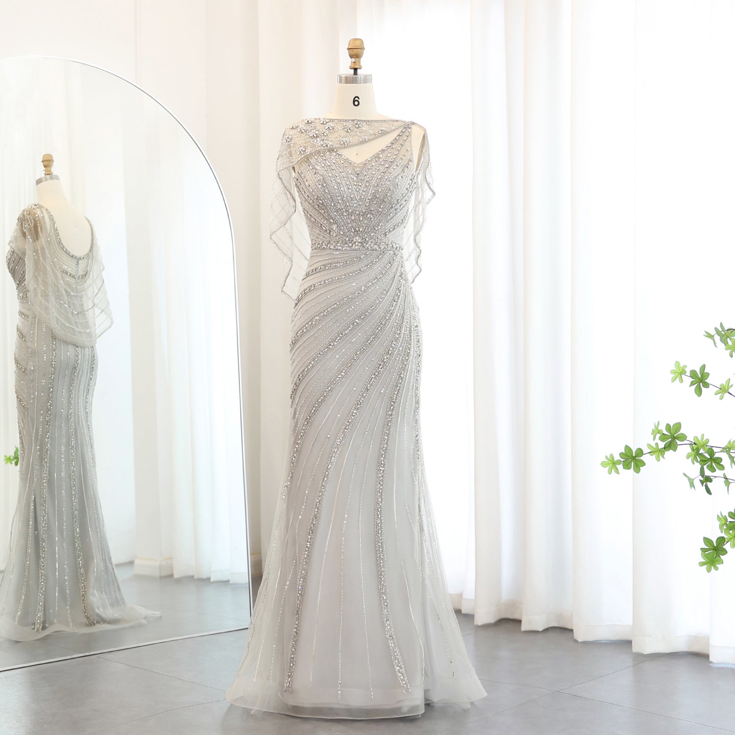 Luxury Champagne Beaded Mermaid Evening Dress with Cape SS122