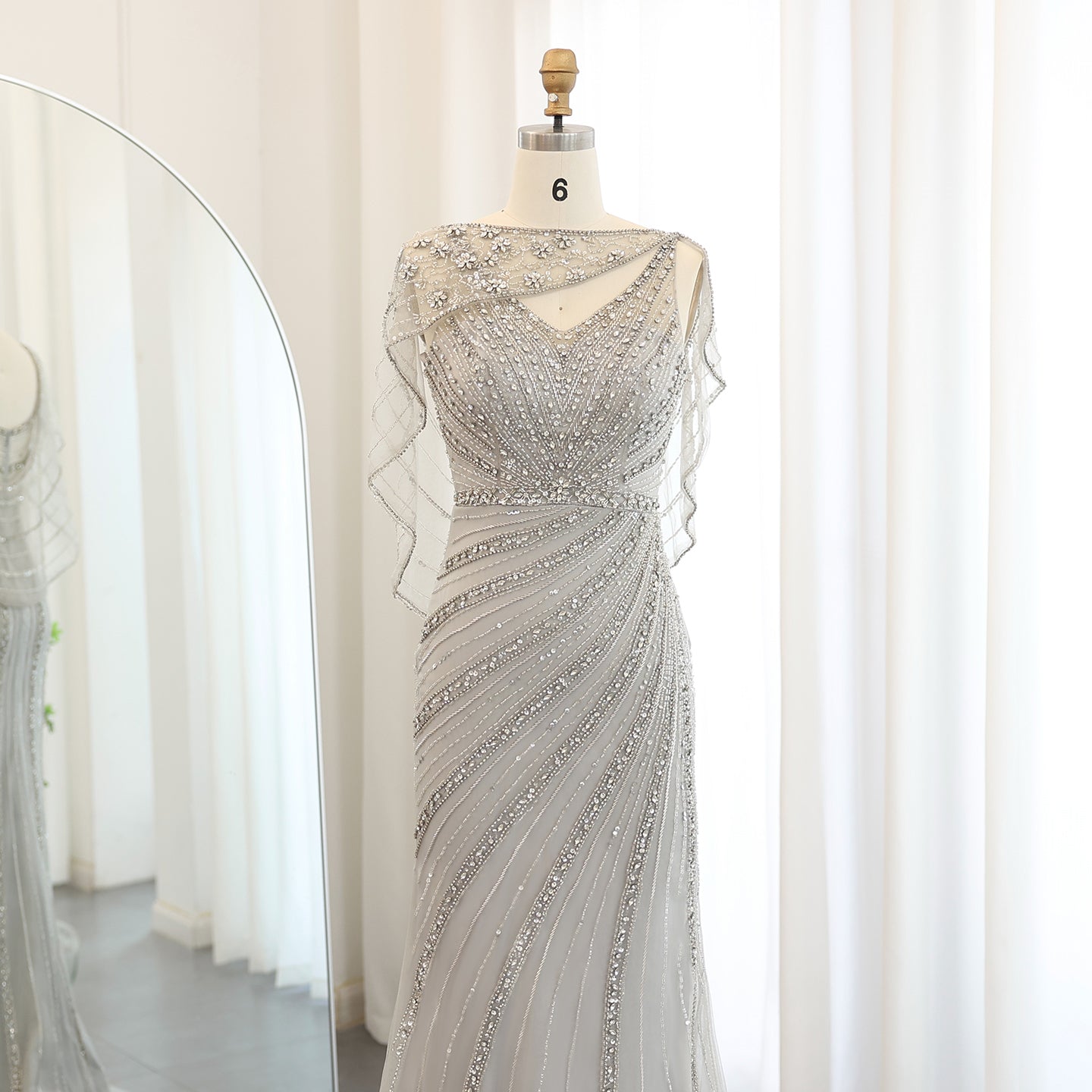 Luxury Champagne Beaded Mermaid Evening Dress with Cape SS122