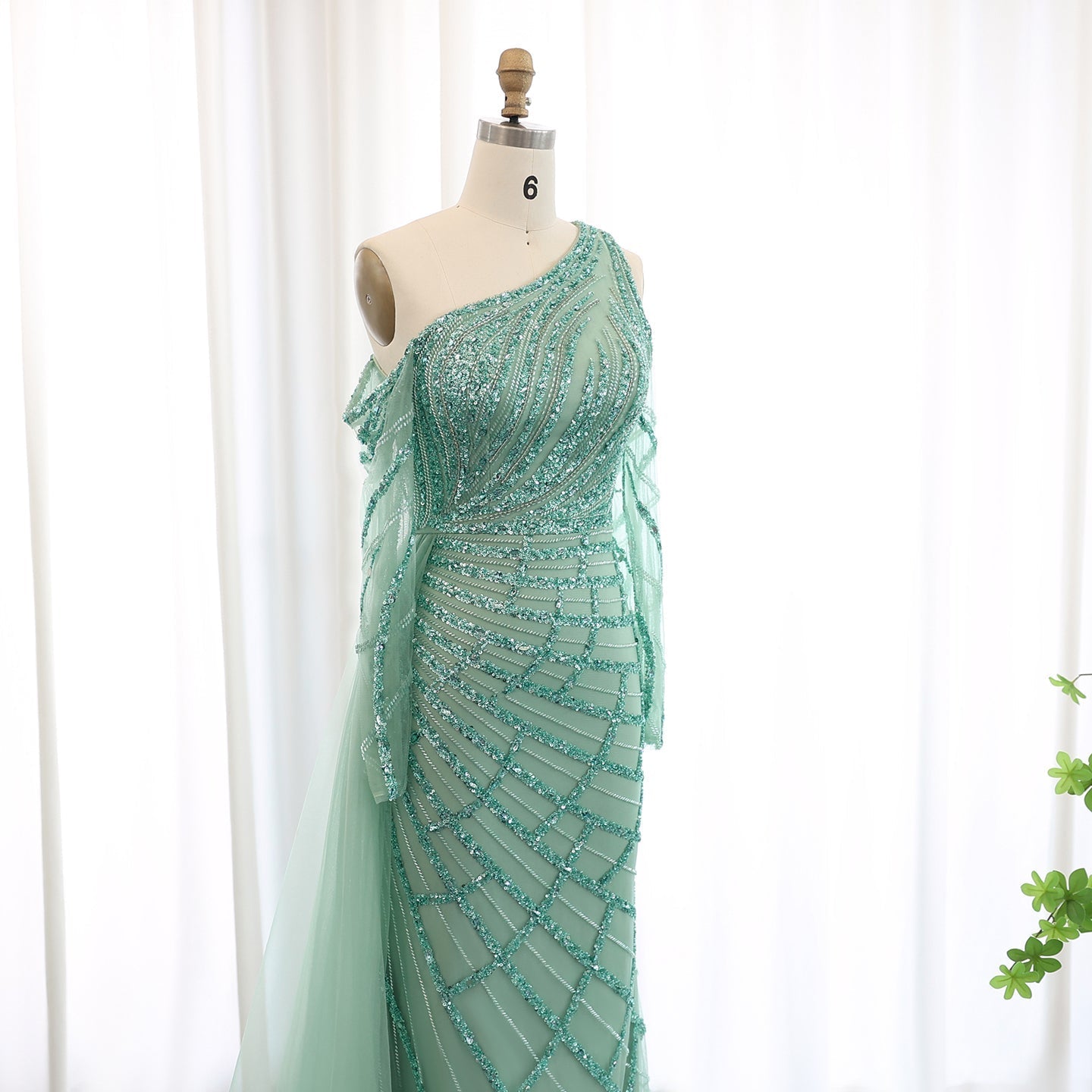 Emerald Green One Shoulder Evening Dress with Overskirt SS197
