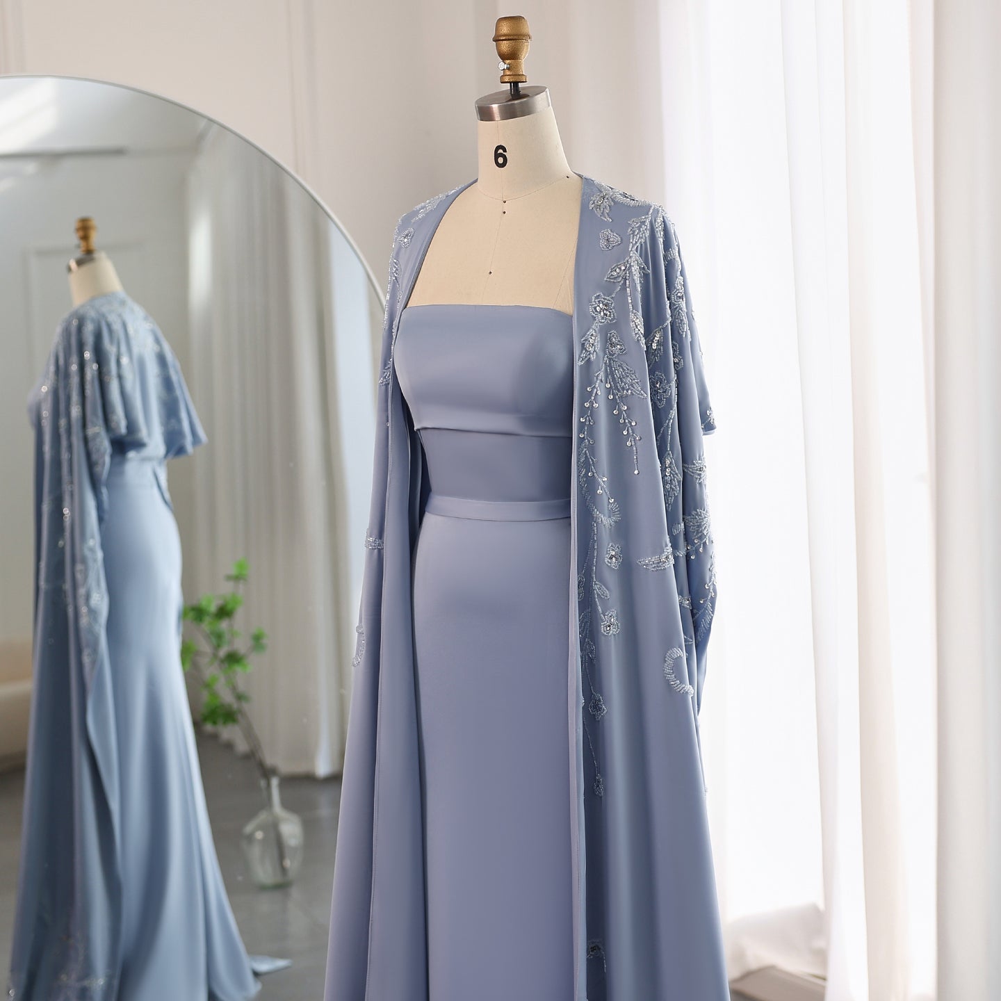 Elegant Blue Mermaid Evening Dress with Cape Sleeves SS407