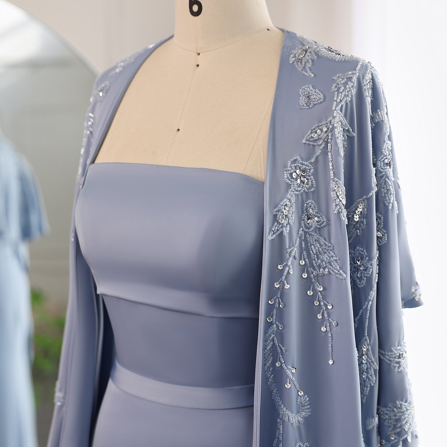 Elegant Blue Mermaid Evening Dress with Cape Sleeves SS407