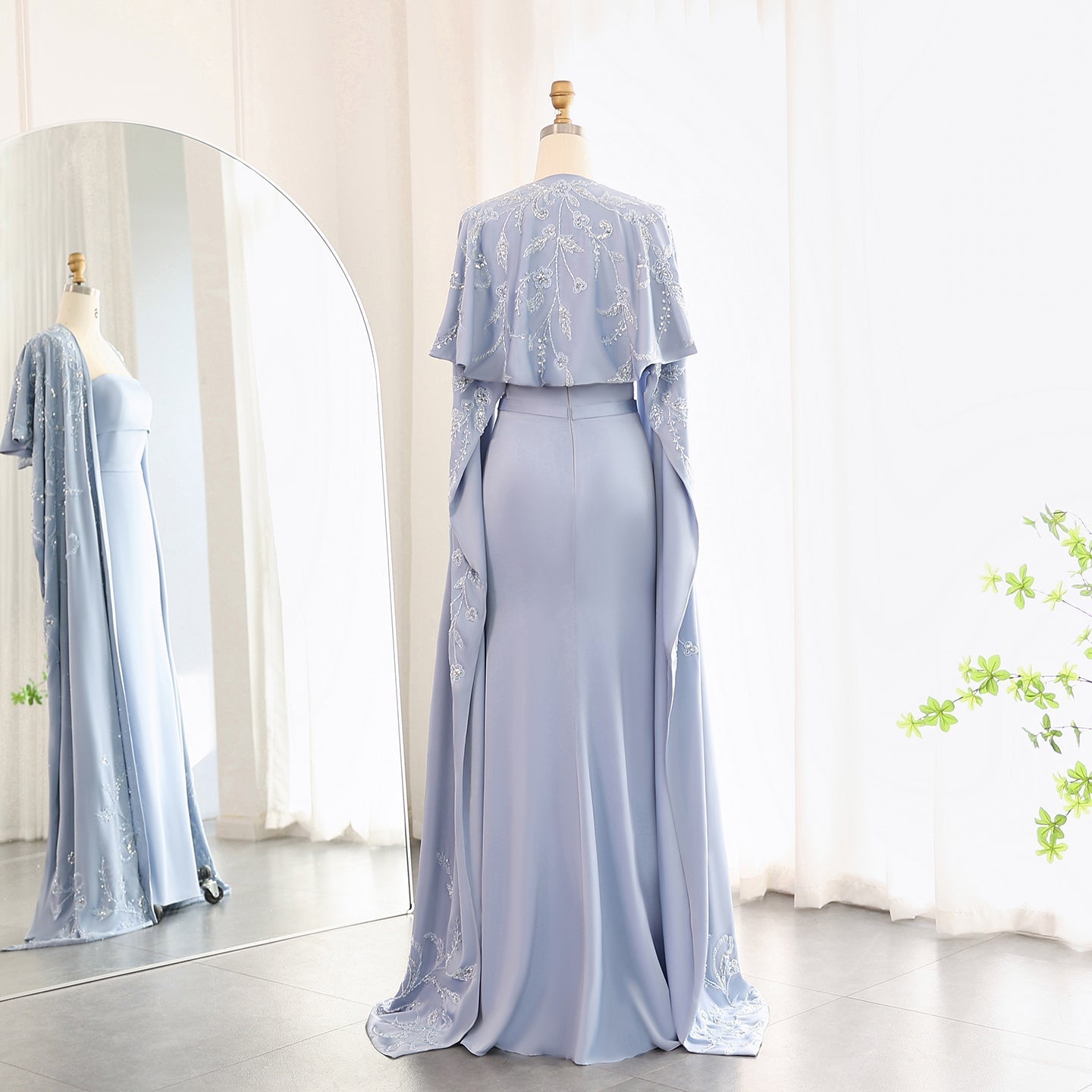 Elegant Blue Mermaid Evening Dress with Cape Sleeves SS407