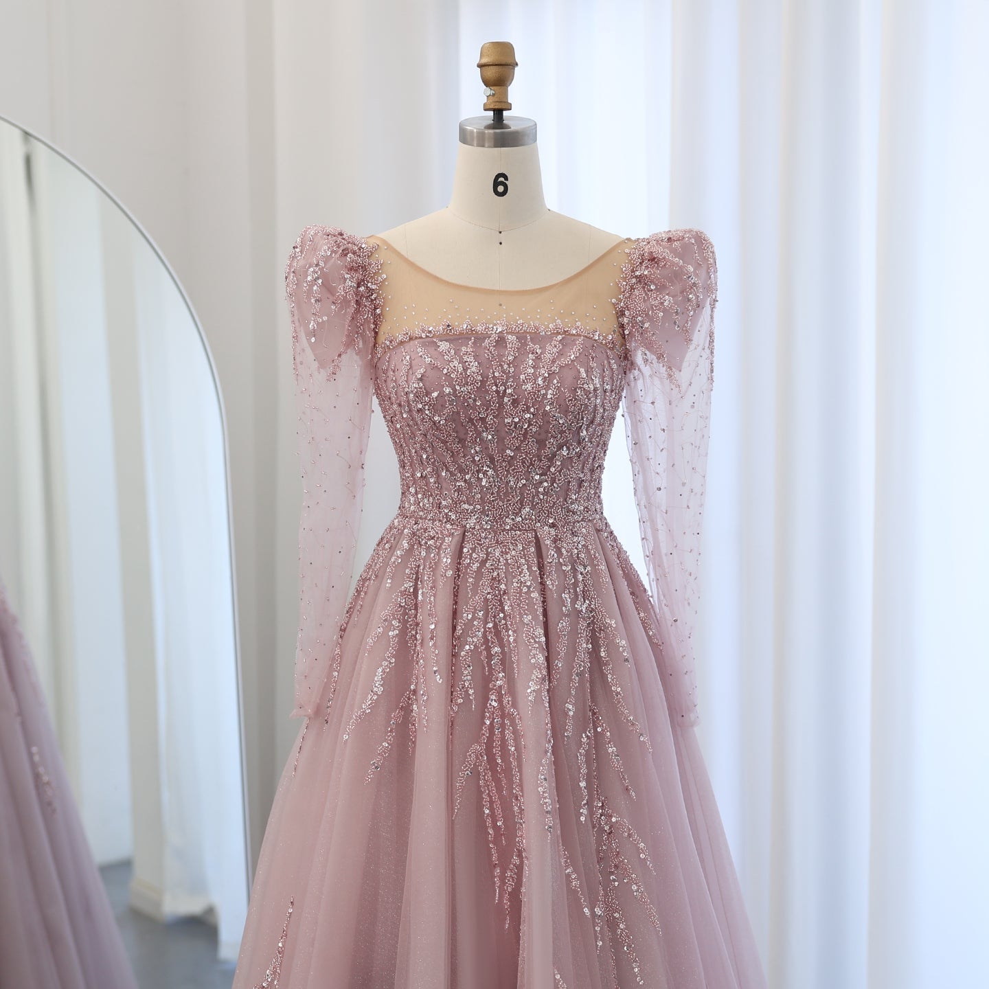 Luxury Beaded Pink Long Sleeves Evening Dress SS453