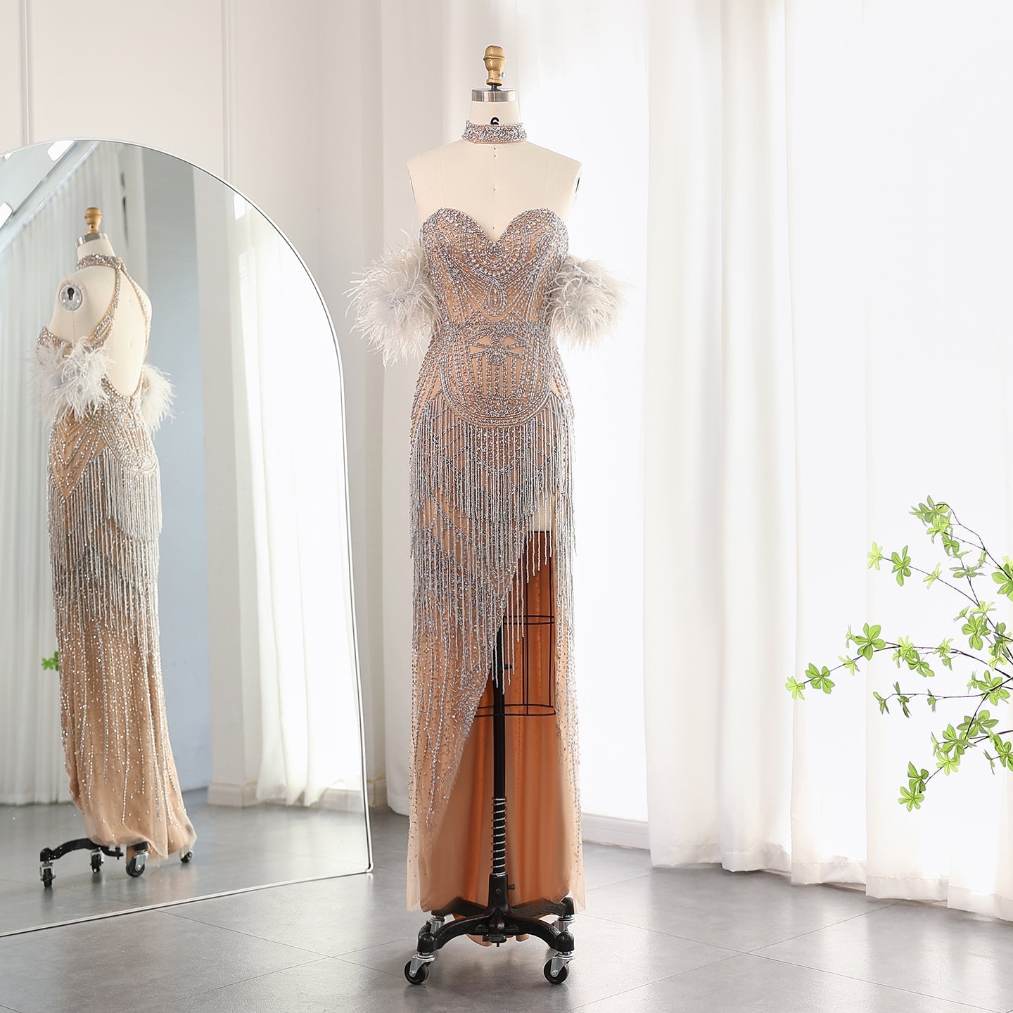 Luxury Tassel Feather Silver Nude Evening Dress SS187  Silver Nude / US 18