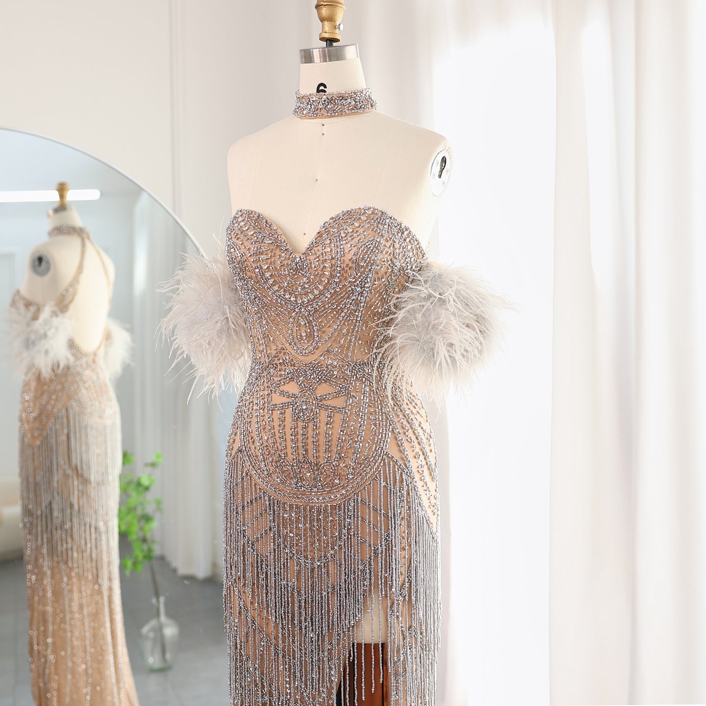 Luxury Tassel Feather Silver Nude Evening Dress SS187