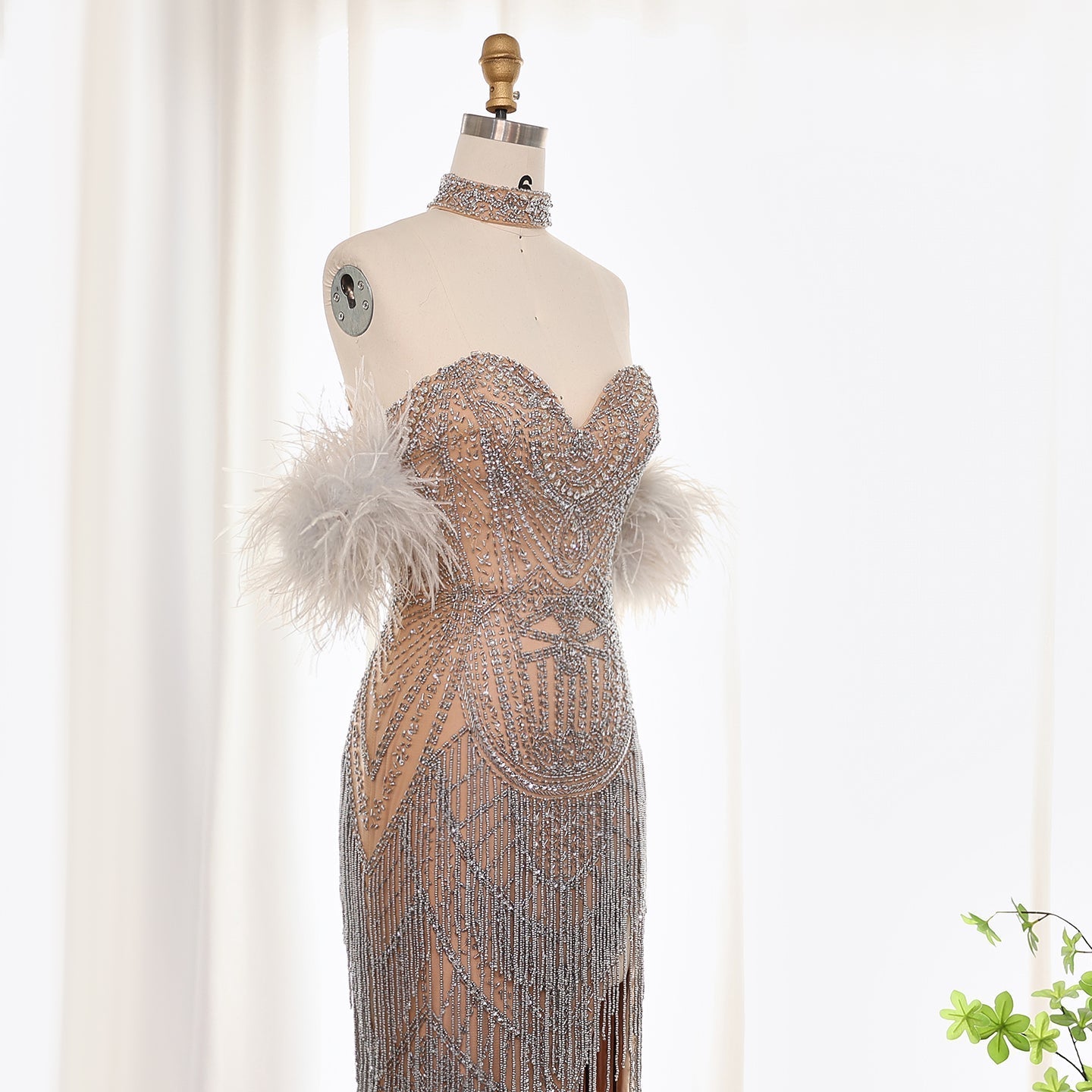 Luxury Tassel Feather Silver Nude Evening Dress SS187