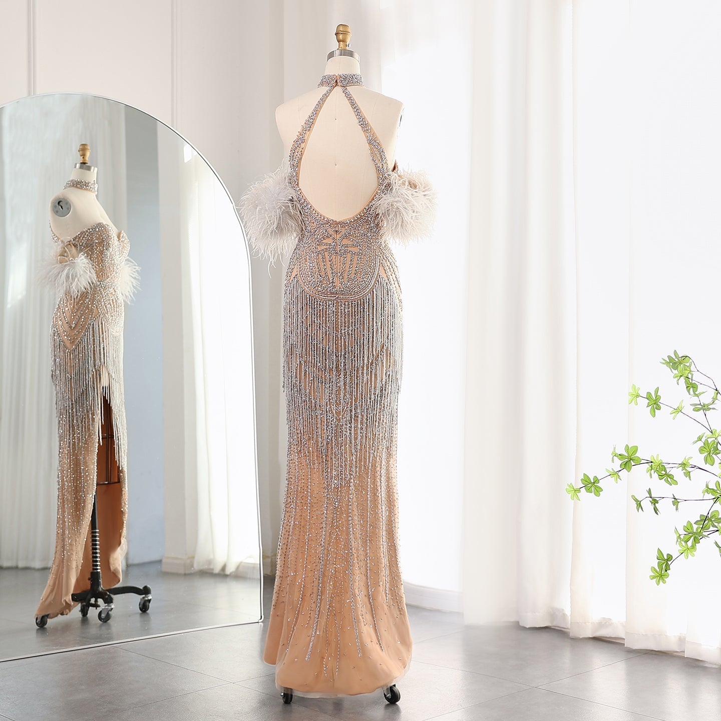 Luxury Tassel Feather Silver Nude Evening Dress SS187