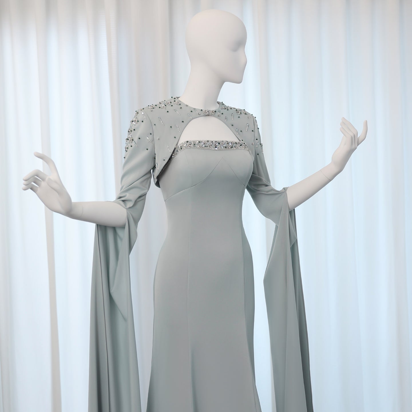 Luxury Sage Green Evening Dress with Cape Sleeves SS424