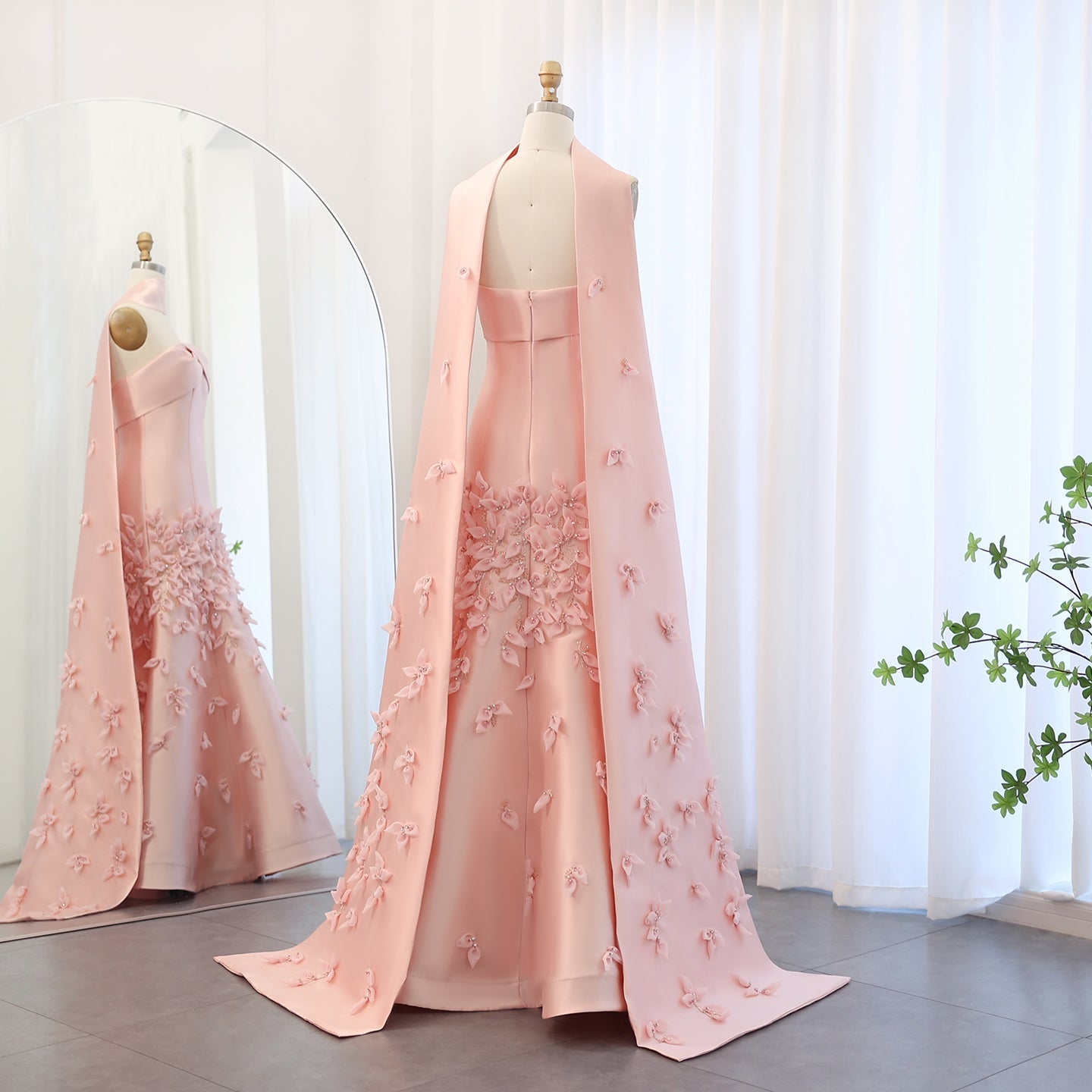 Luxury 3D Leaves Pink Satin Evening Dress with Cape SS463