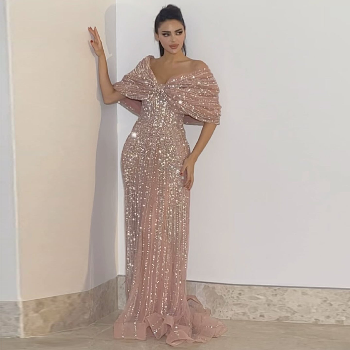 Sparkly Blush Pink Off Shoulder Evening Dress SS653