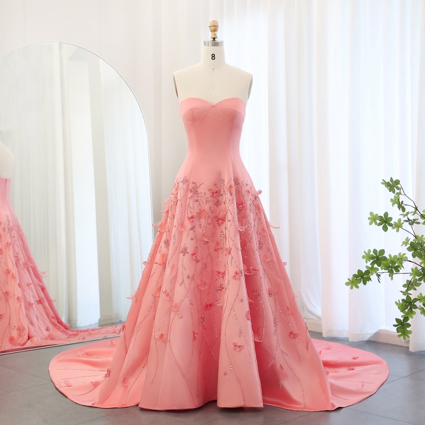 Luxury 3D Flowers Feathers Coral Pink Evening Dress SS470  Coral Pink / US 16