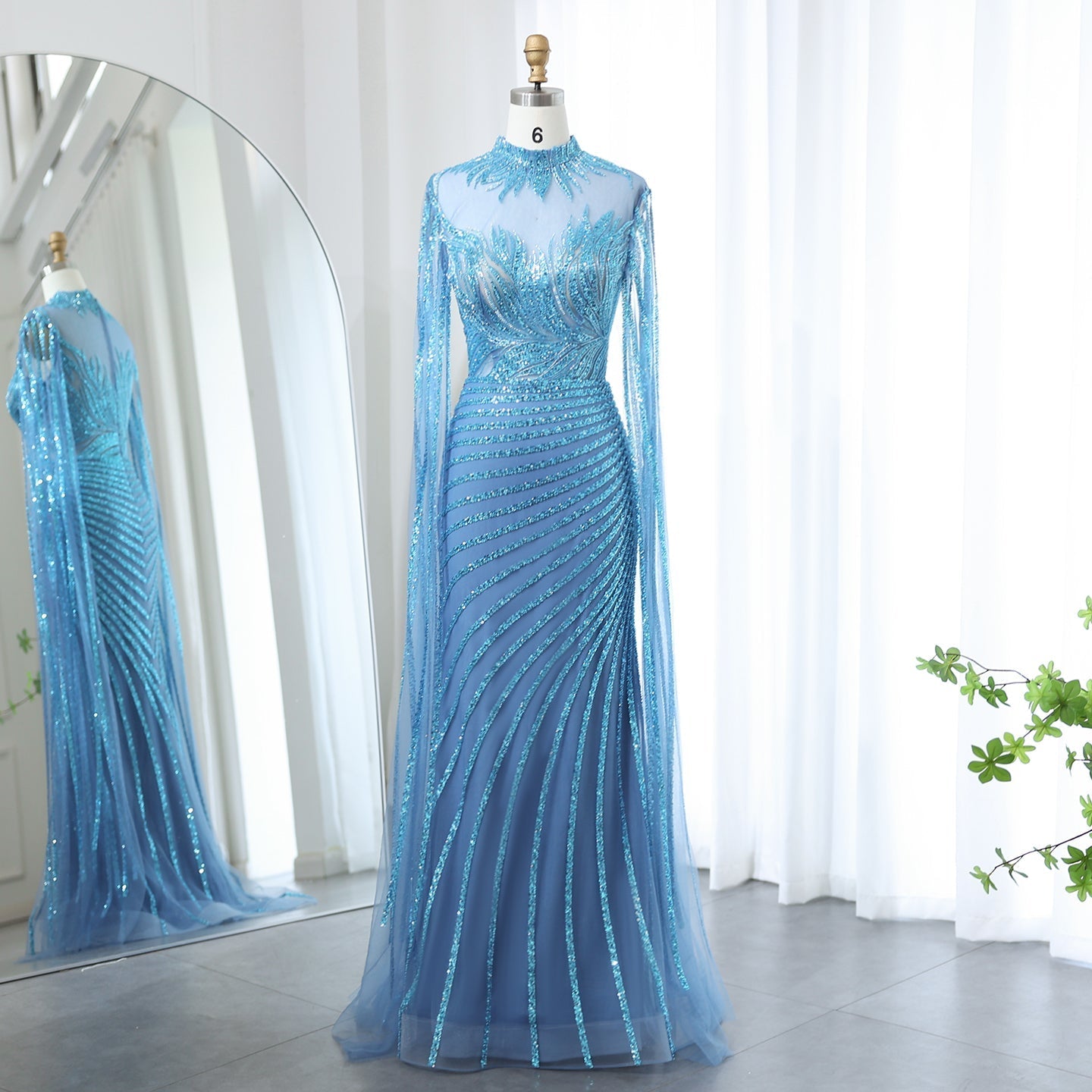 Luxury Caramel Evening Dress with Cape Sleeves SS179  Blue / US 20