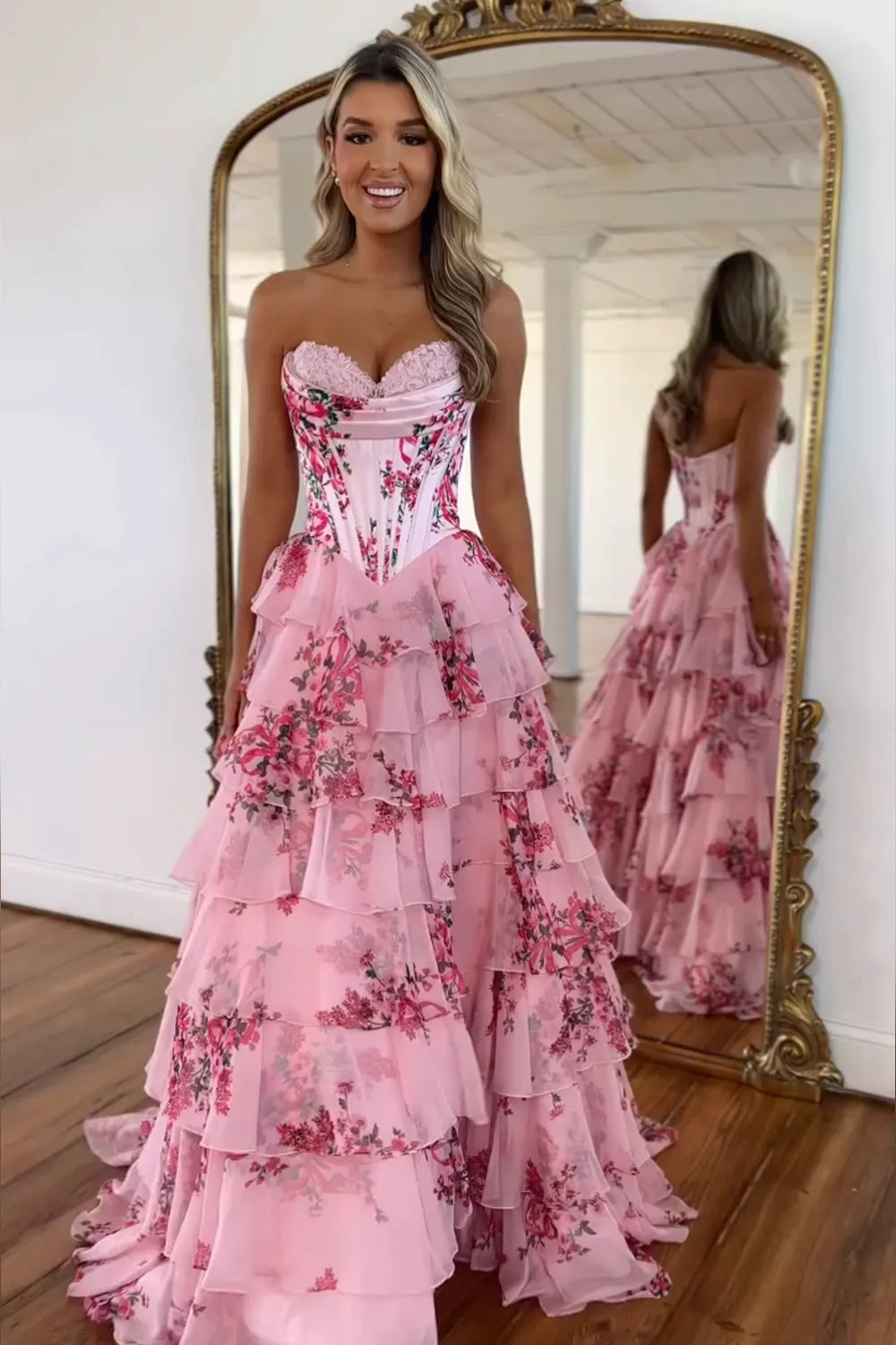 A-Line/Princess Floral Blush Tiered Chiffon Long Corset Prom Dress with Slit