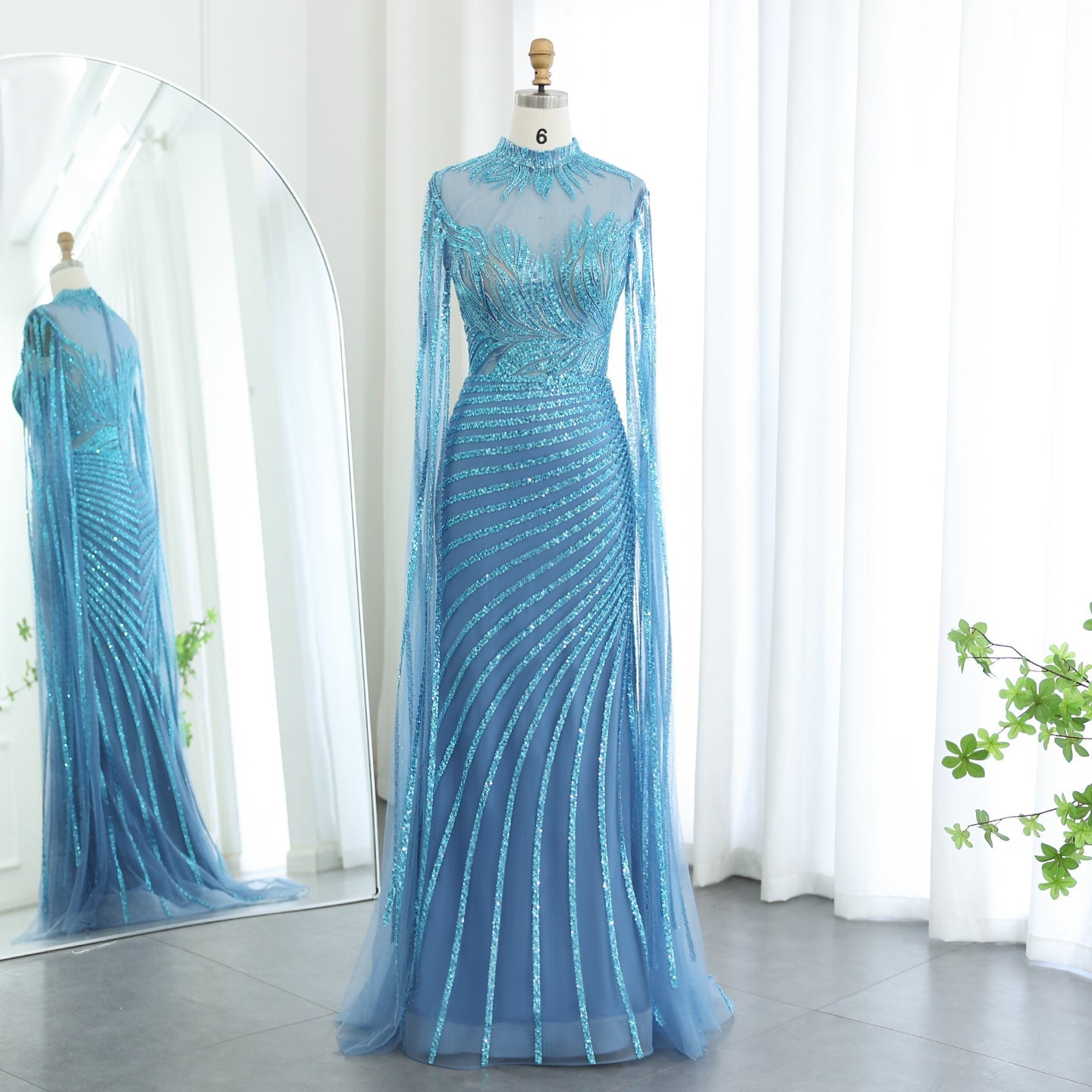 Luxury Caramel Evening Dress with Cape Sleeves SS179