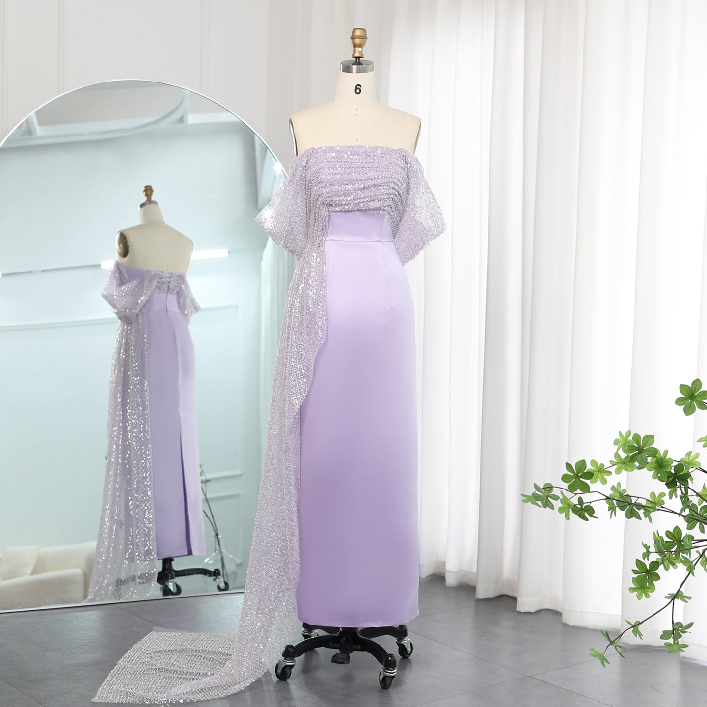 Elegant Off Shoulder Lilac Evening Dress with Overskirt SS340  Lilac / US 16
