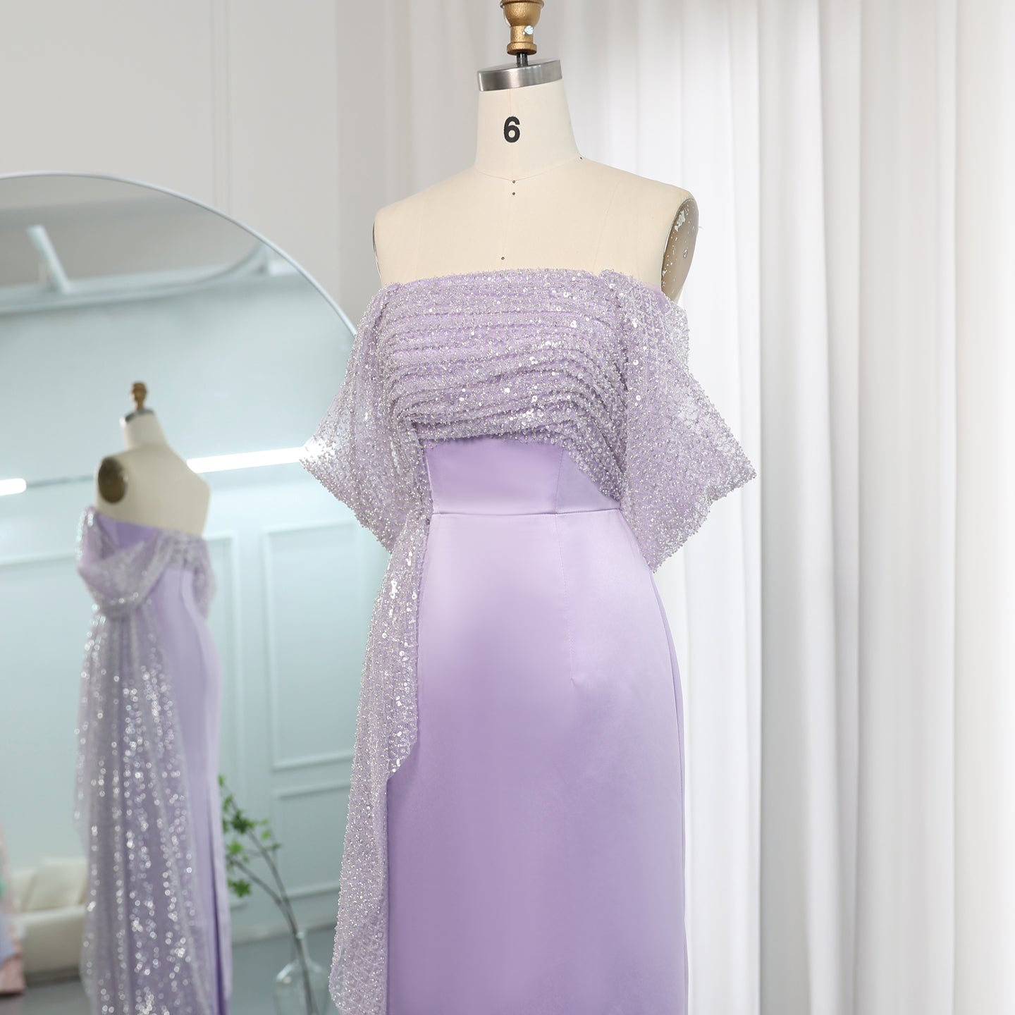 Elegant Off Shoulder Lilac Evening Dress with Overskirt SS340