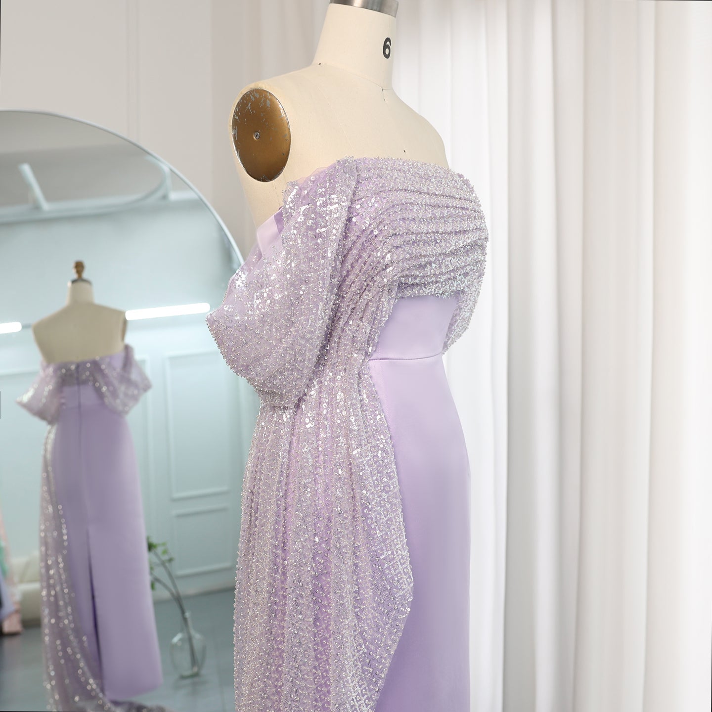 Elegant Off Shoulder Lilac Evening Dress with Overskirt SS340