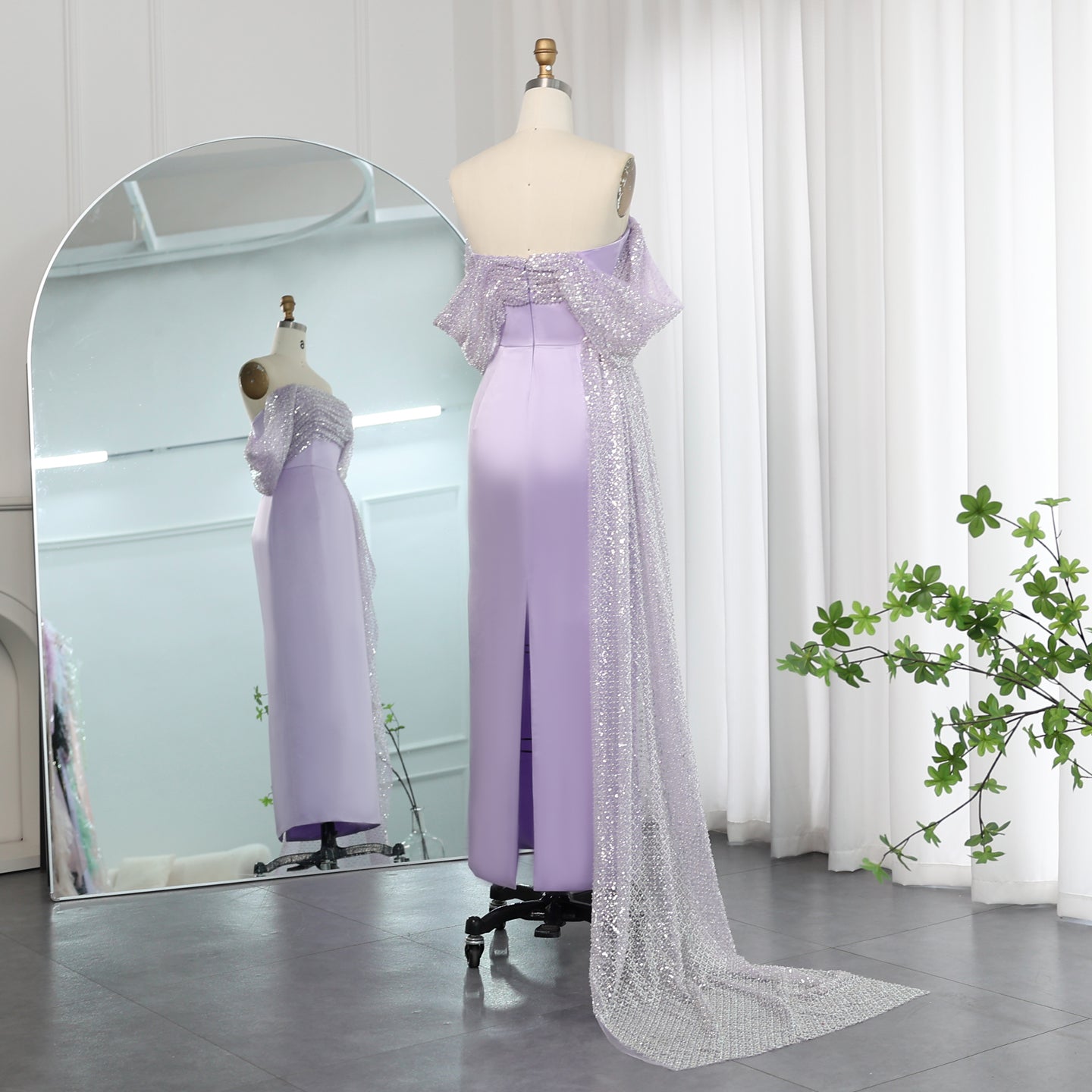 Elegant Off Shoulder Lilac Evening Dress with Overskirt SS340