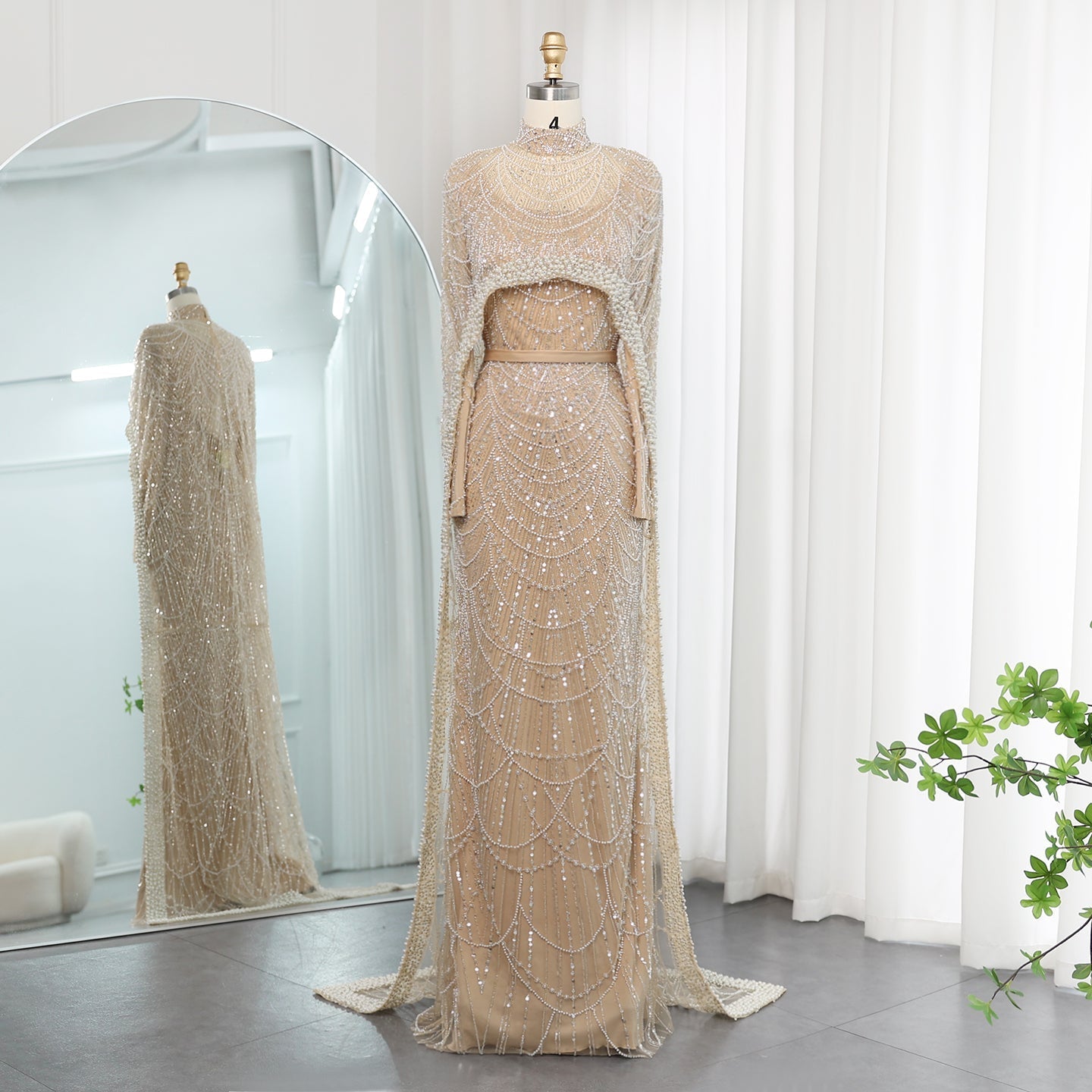Luxury Pearls Champagne Evening Dress with Cape SS369