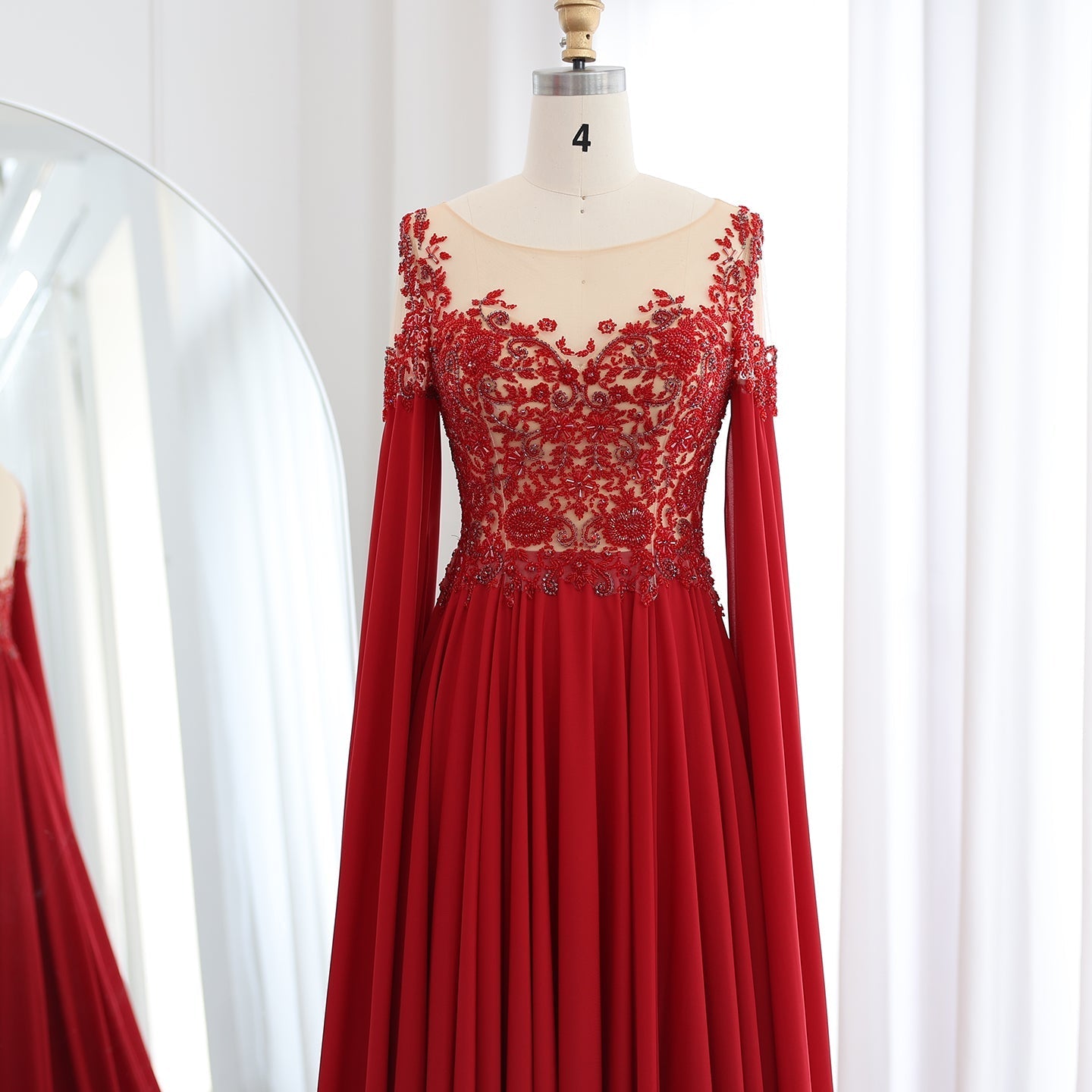 Luxury Beaded Red Chiffon Evening Dress with Cape Sleeve SS298