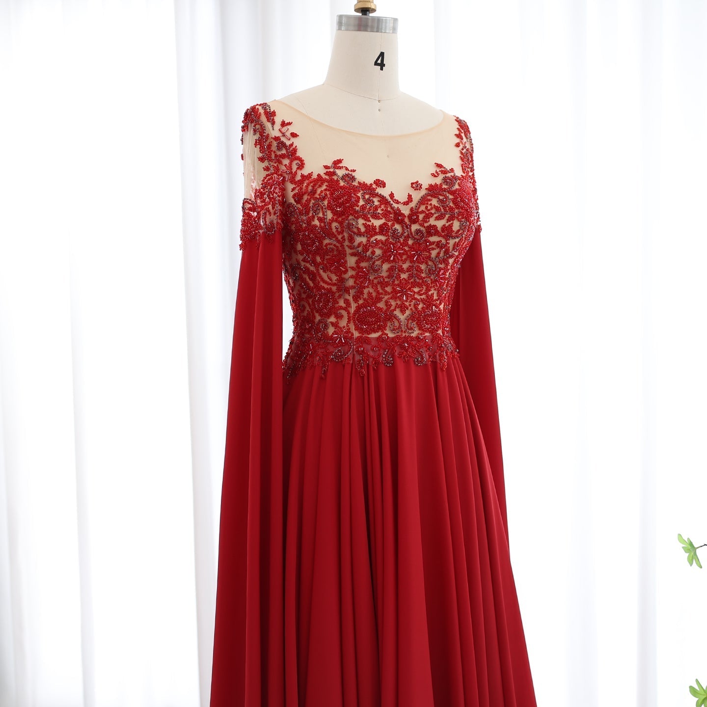 Luxury Beaded Red Chiffon Evening Dress with Cape Sleeve SS298