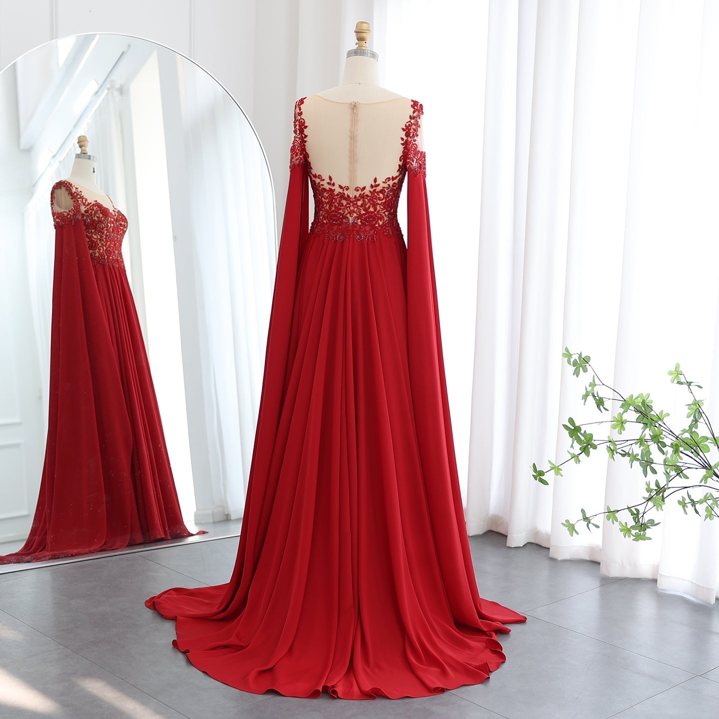 Luxury Beaded Red Chiffon Evening Dress with Cape Sleeve SS298