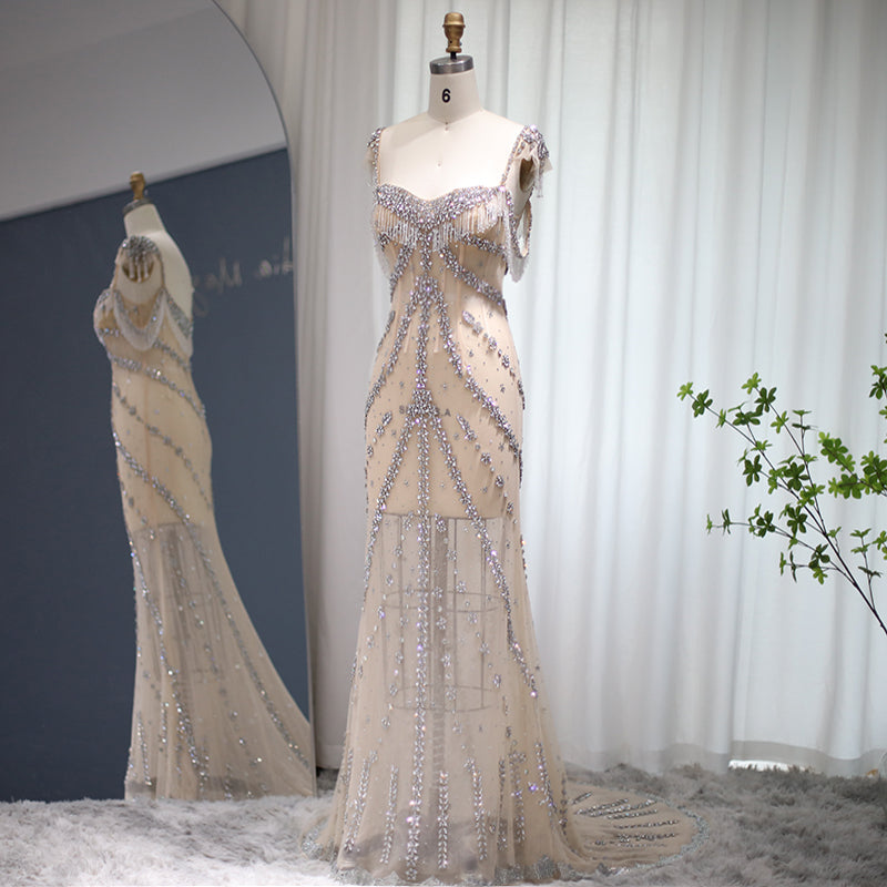 Luxury Crystal Tassel Nude Mermaid Evening Dress SS358